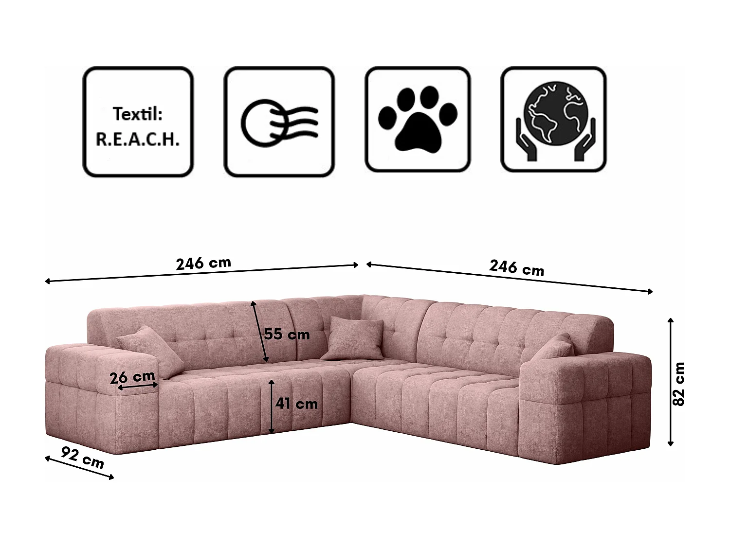 Canapé d'angle Corner Eckouch Salon NIMES tissu élégant Harmonie Parfaite Rose