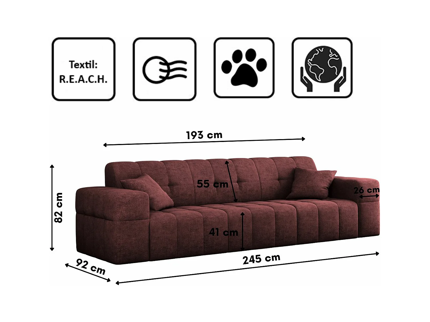 Canapé 3 places série Canapé NIMES tissu élégant Perfect Harmony vin rouge