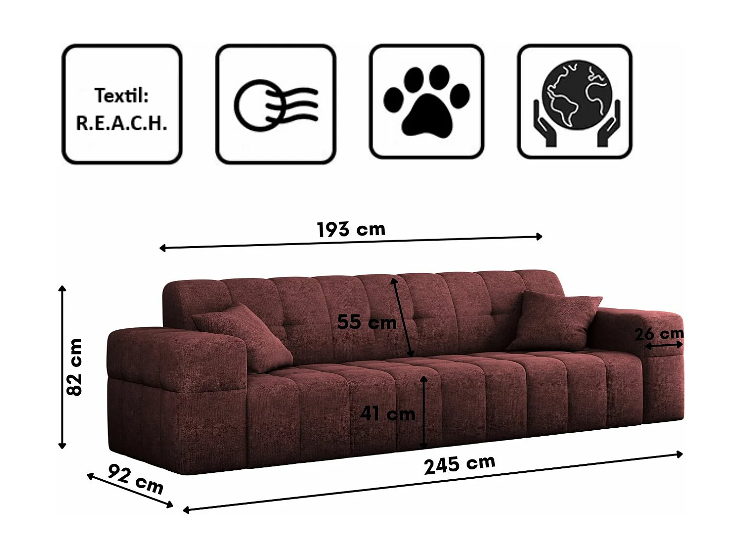 Canapé 3 places série Canapé NIMES tissu élégant Perfect Harmony vin rouge