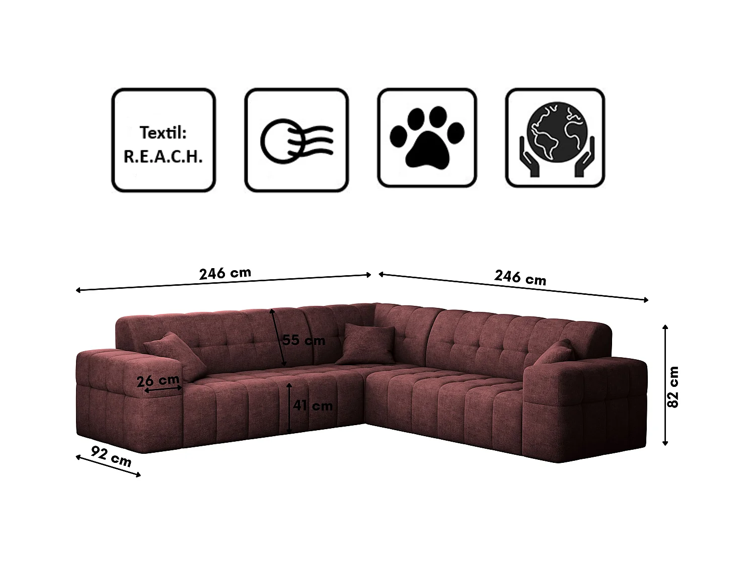 Canapé d'angle Coin Eckouch salon NIMES tissu élégant Perfect Harmony vin rouge