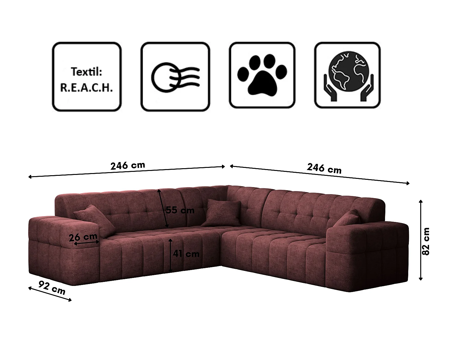 Canapé d'angle Coin Eckouch salon NIMES tissu élégant Perfect Harmony vin rouge