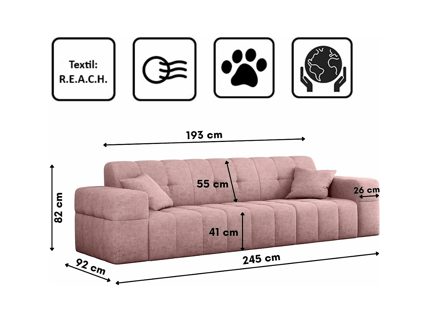 Canapé 3 places série Canapé NIMES tissu élégant Perfect Harmony Pink