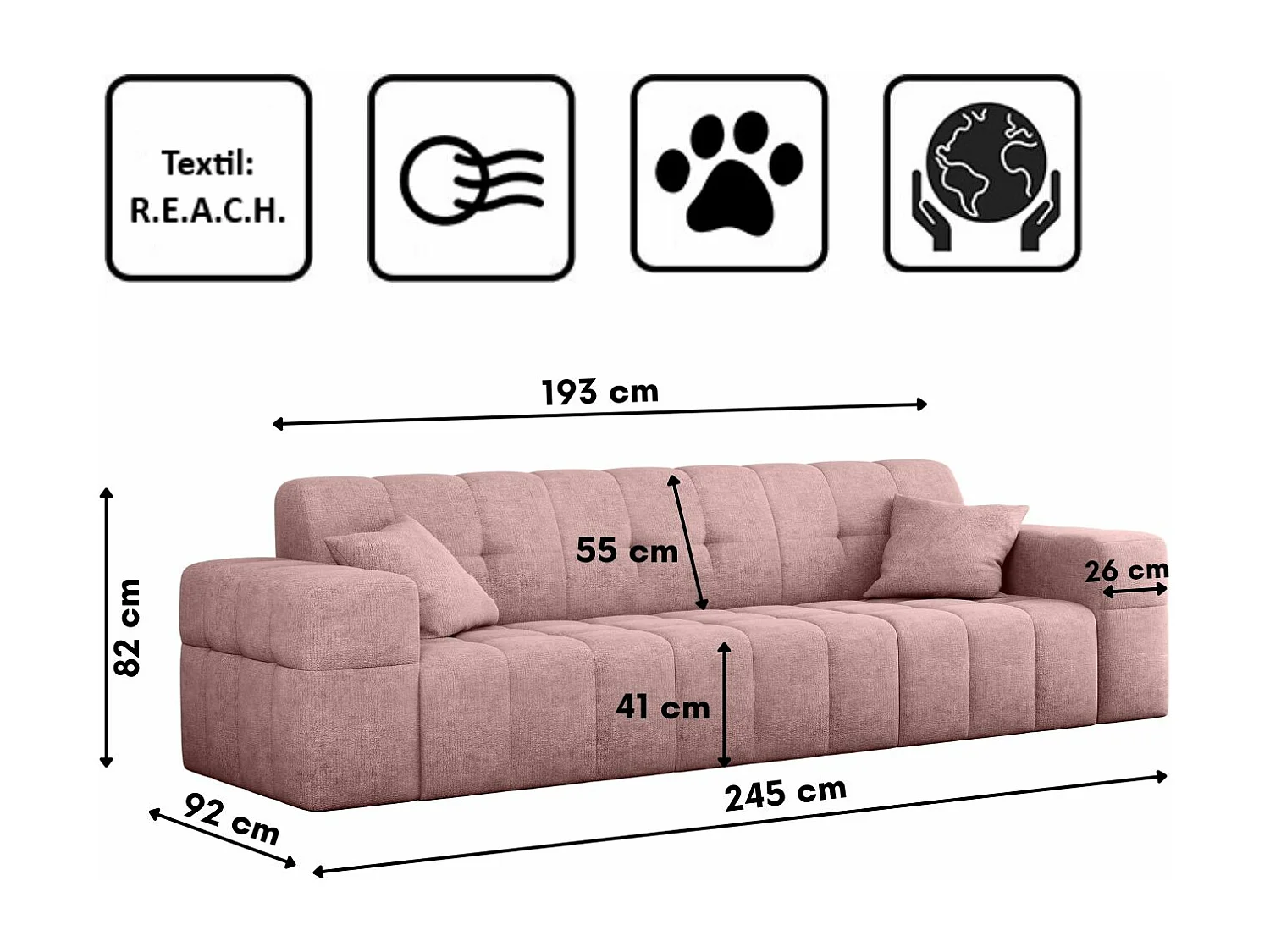 Bank 3-zits Bankserie NIMES stijlvolle stof Perfect Harmony Pink