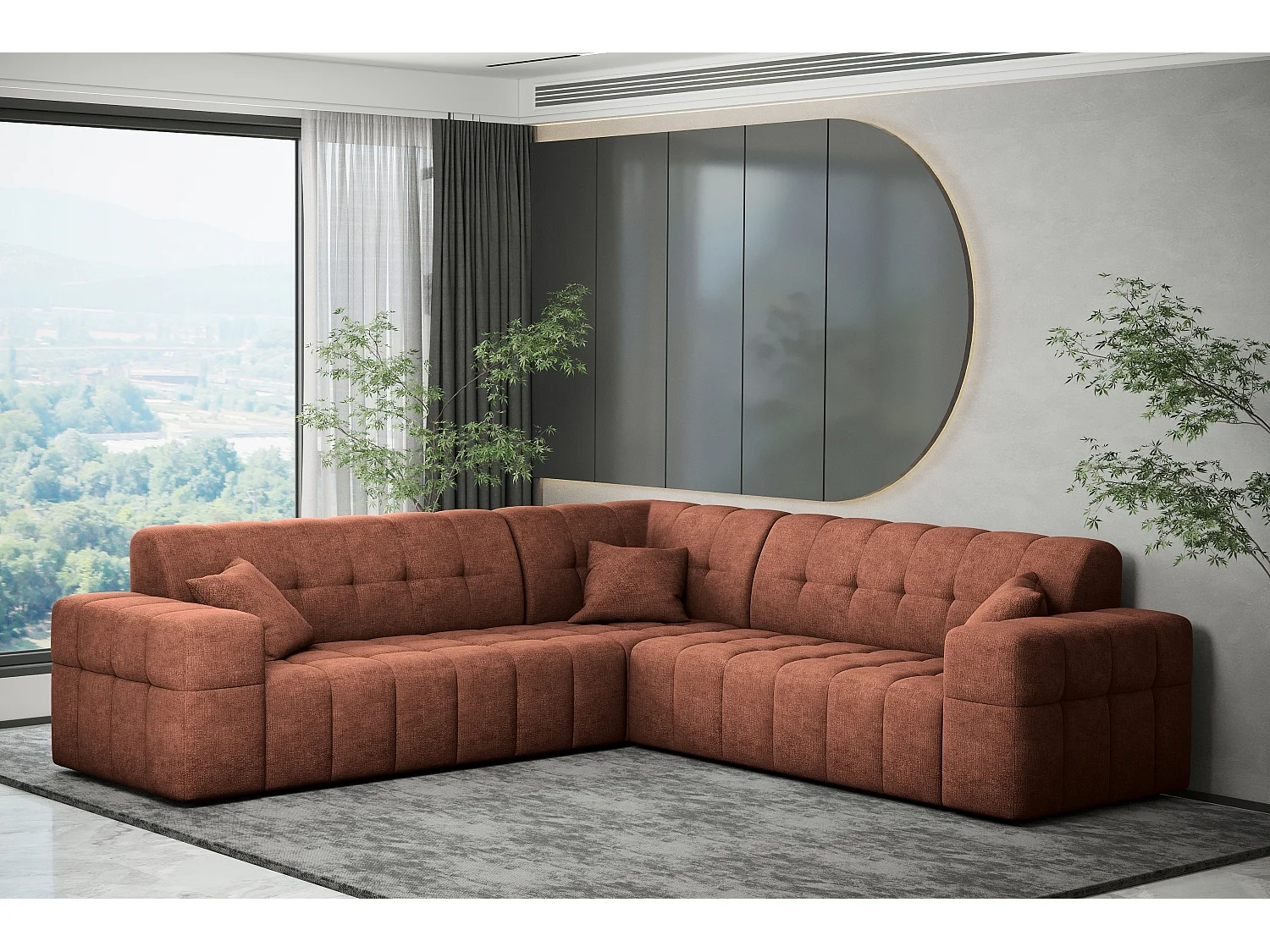 Canapé d'angle Coin Eckouch salon NIMES tissu élégant Harmonie Parfaite cuivre