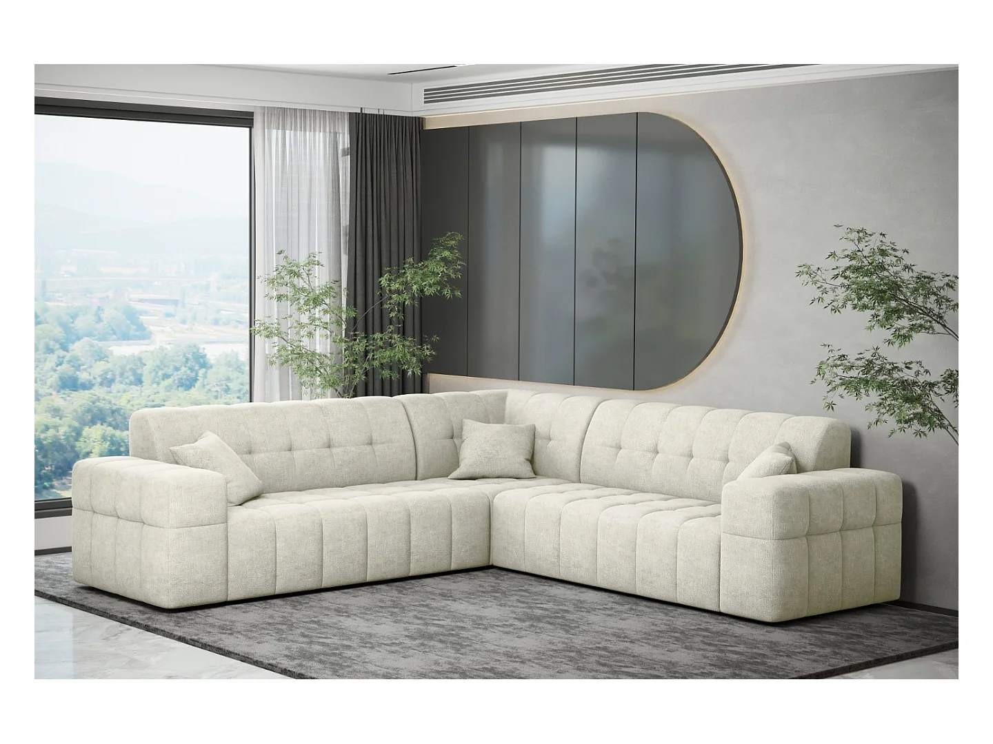 Canapé d'angle Coin Eckouch salon NIMES tissu élégant Harmonie Parfaite Crème