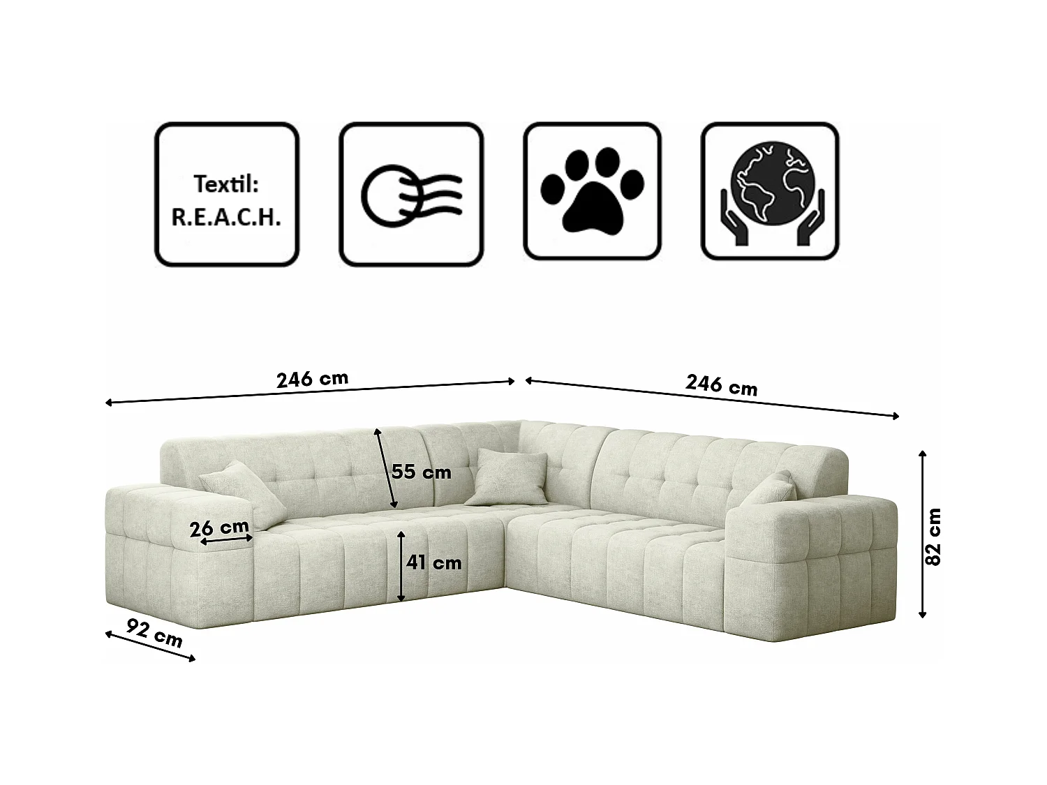 Canapé d'angle Coin Eckouch salon NIMES tissu élégant Harmonie Parfaite Crème