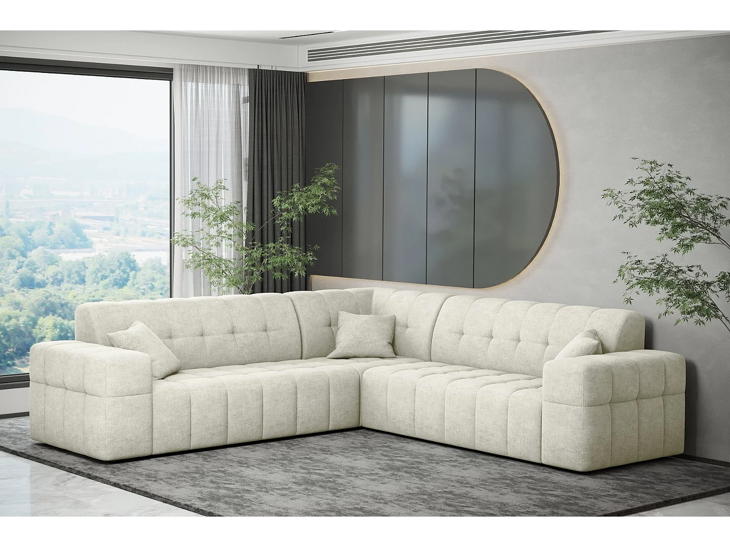 Canapé d'angle Coin Eckouch salon NIMES tissu élégant Harmonie Parfaite Crème