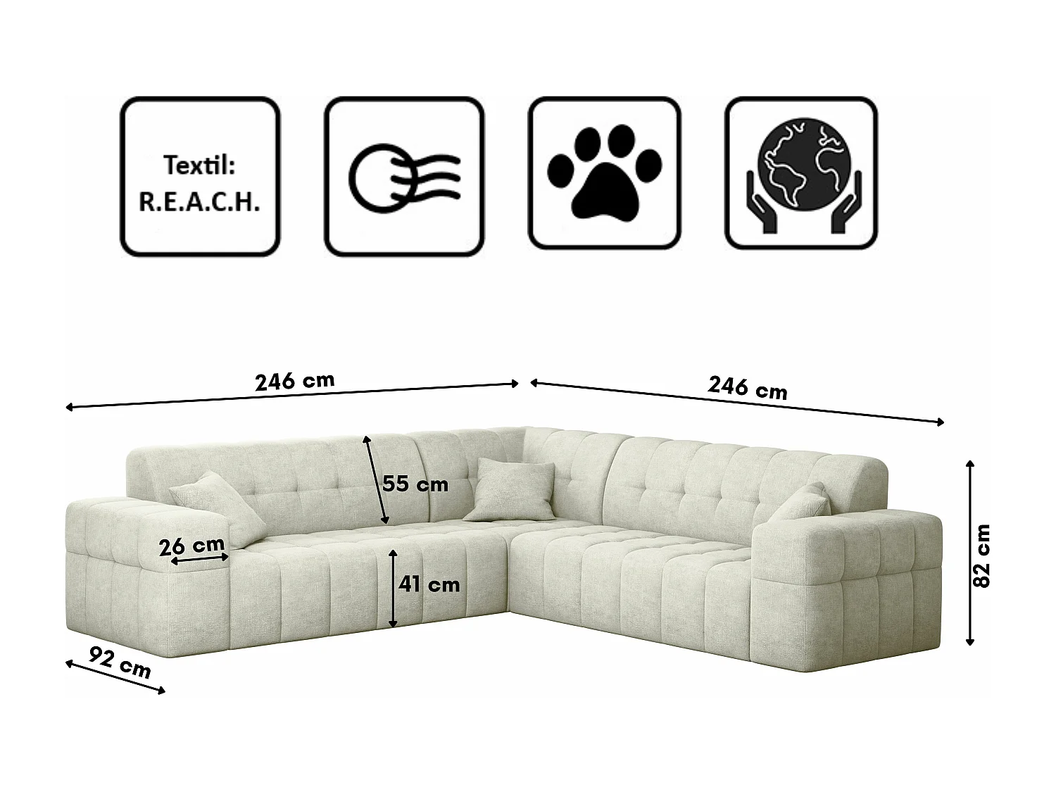Canapé d'angle Coin Eckouch salon NIMES tissu élégant Harmonie Parfaite Crème