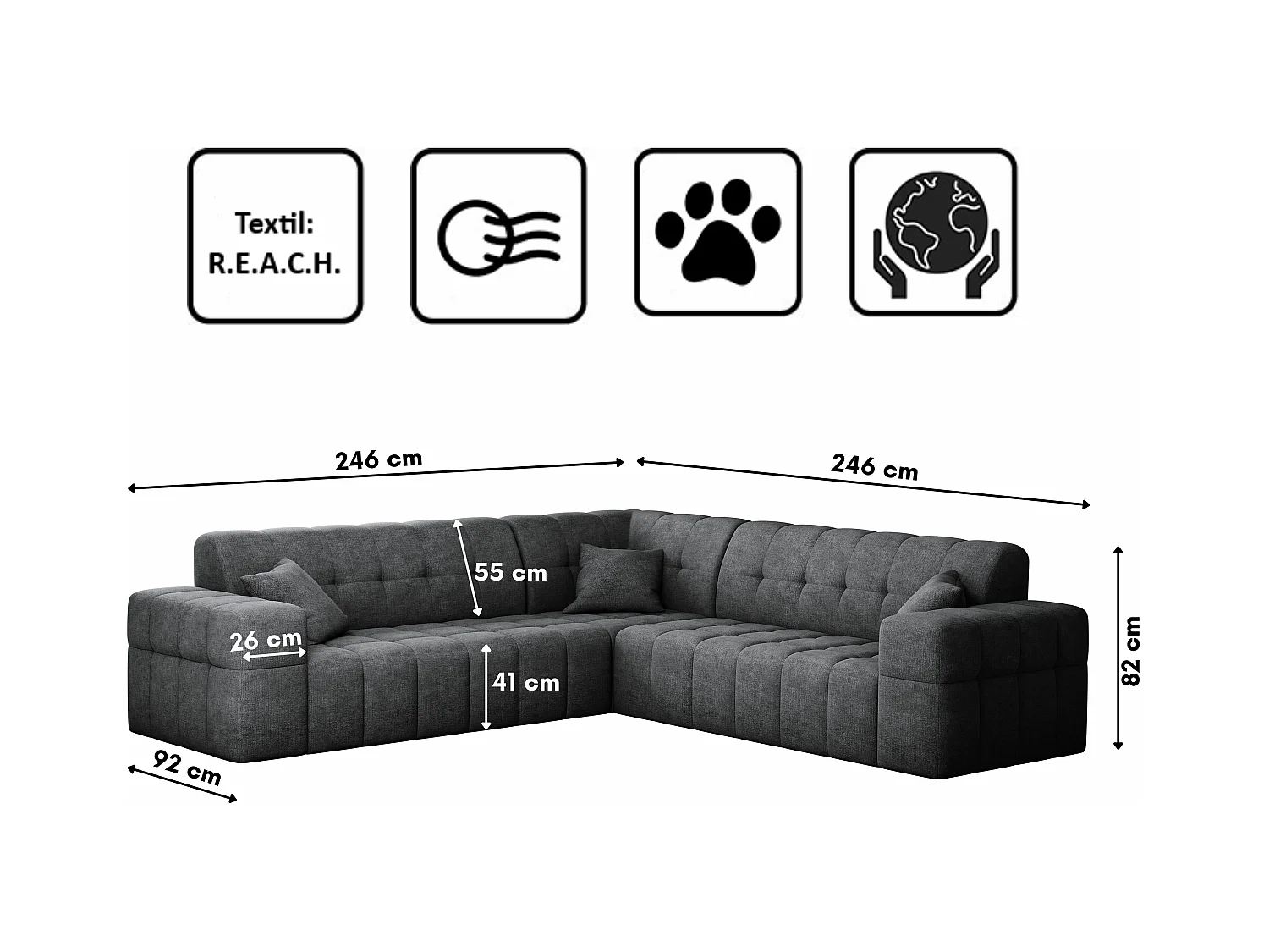 Canapé d'angle Corner Eckouch Salon NIMES tissu élégant Harmonie Parfaite Gris Foncé