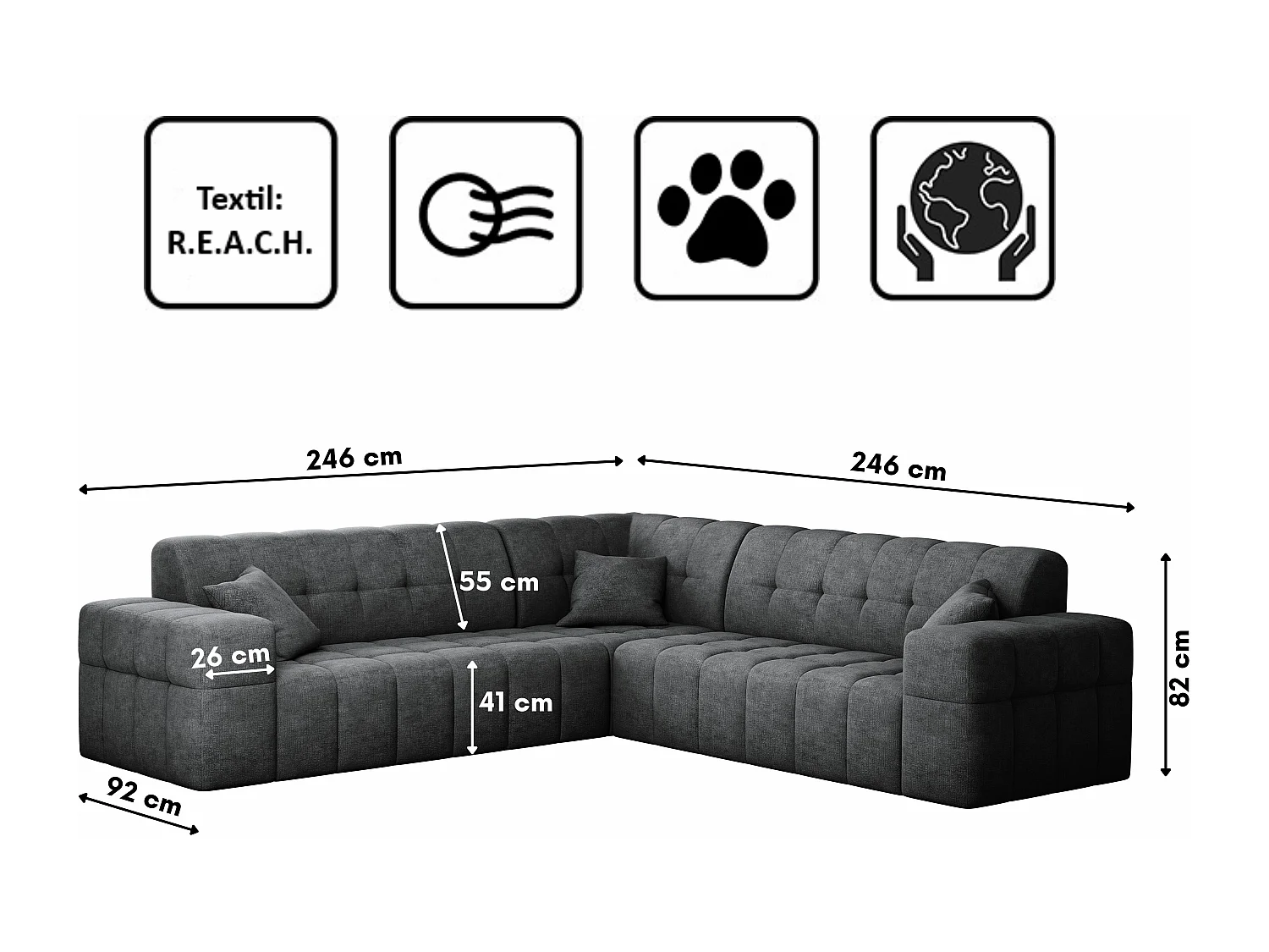 Canapé d'angle Corner Eckouch Salon NIMES tissu élégant Harmonie Parfaite Gris Foncé