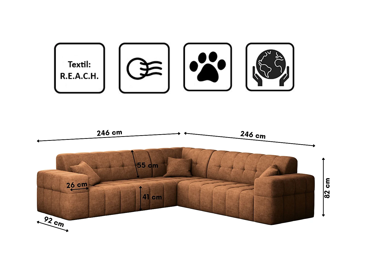 Canapé d'angle Coin Eckouch salon NIMES tissu élégant Harmonie Parfaite Orange