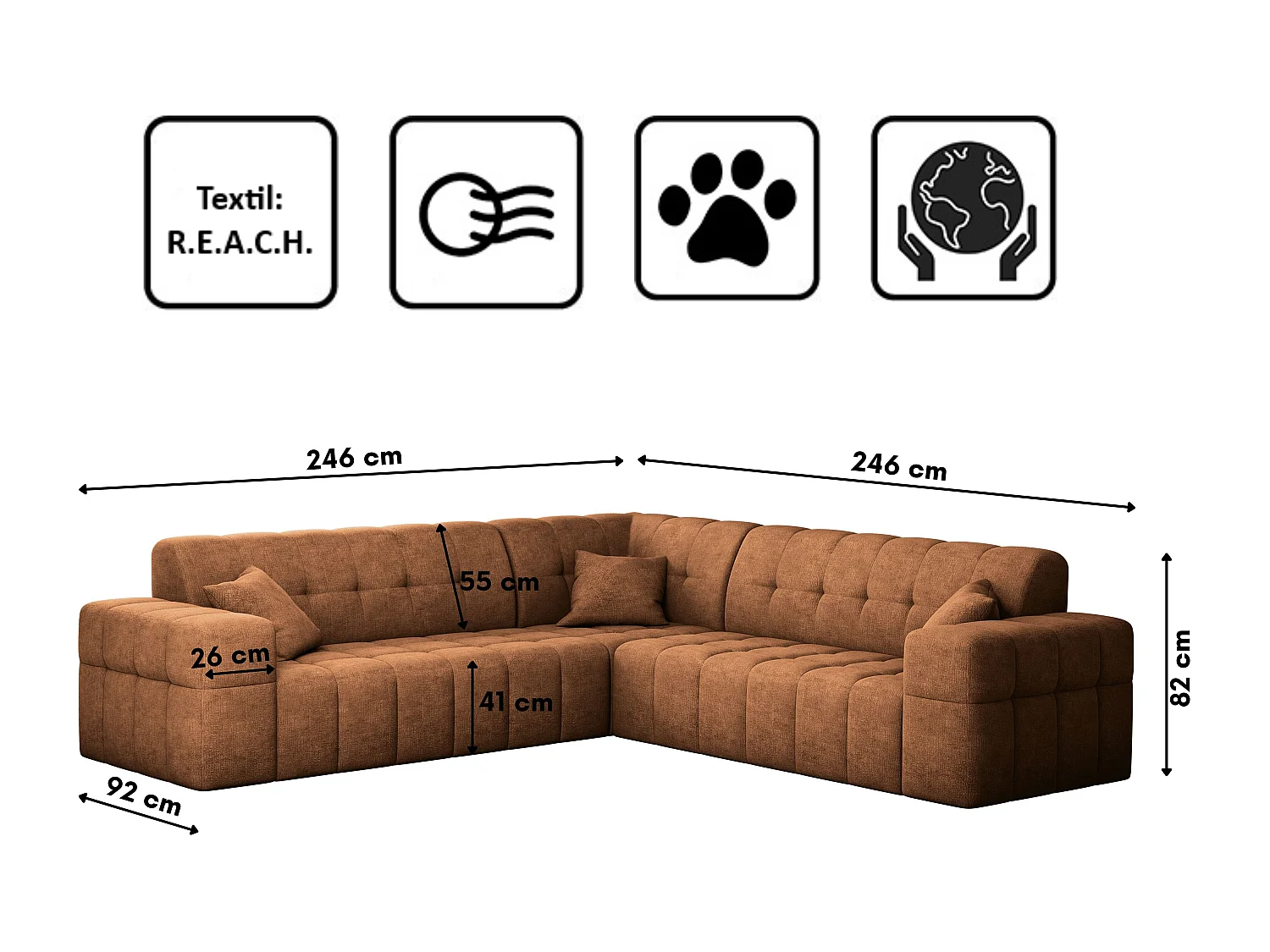 Canapé d'angle Coin Eckouch salon NIMES tissu élégant Harmonie Parfaite Orange