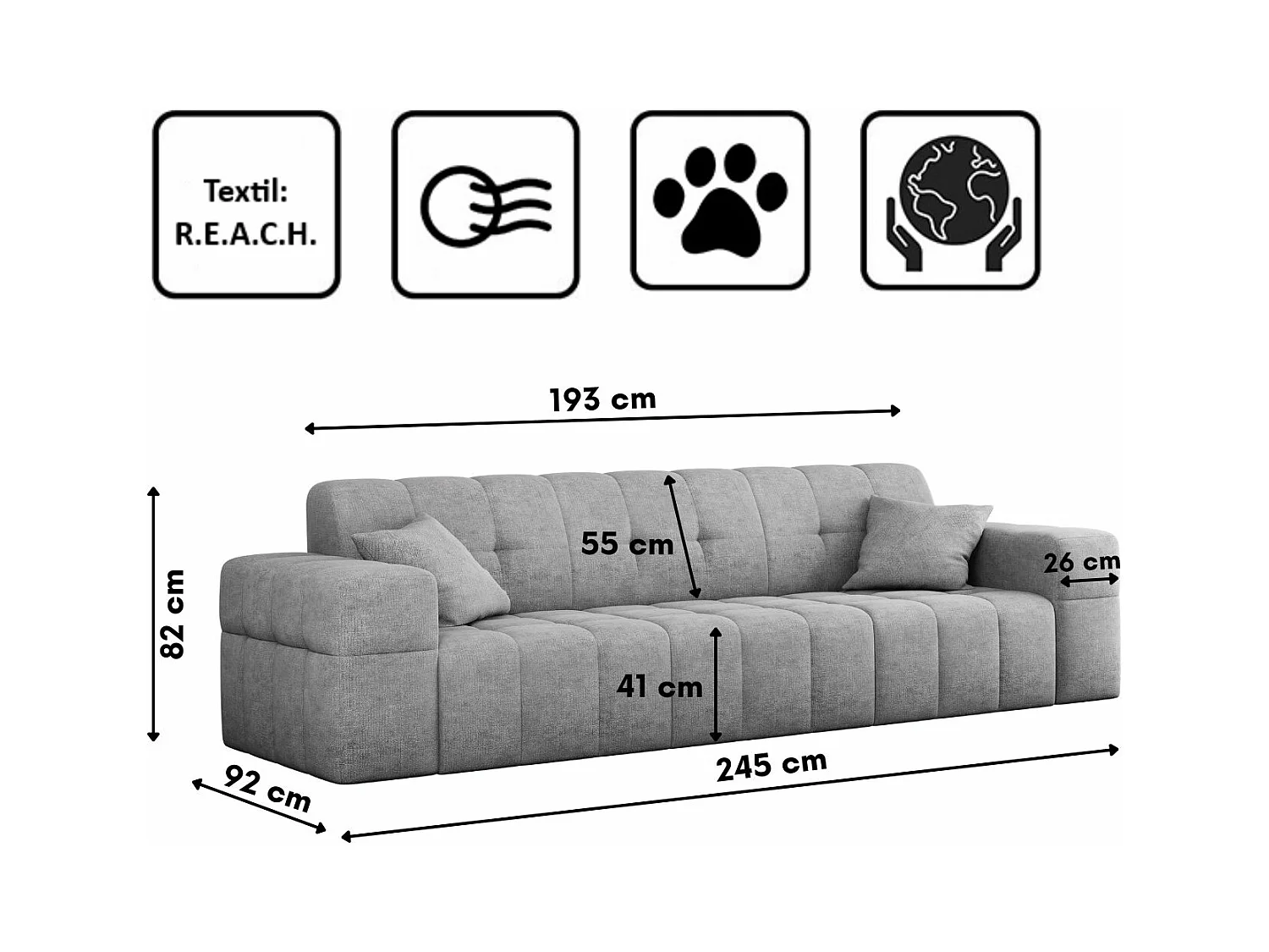Canapé 3 places série NIMES tissu élégant Perfect Harmony Grey