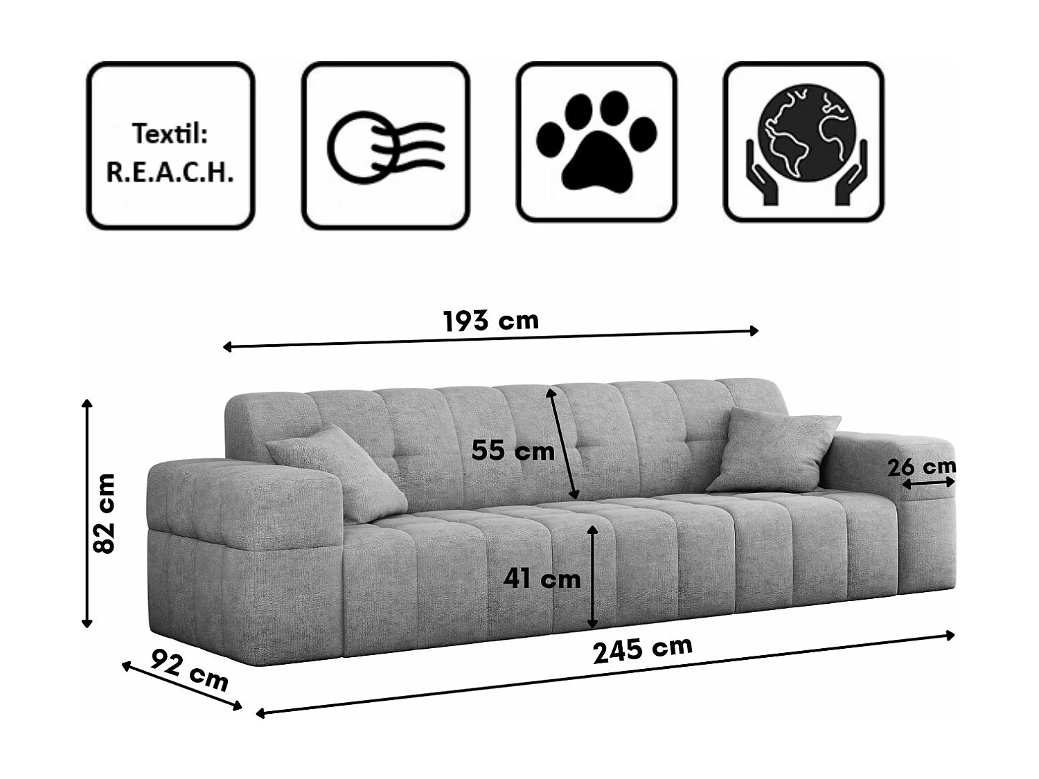 Canapé 3 places série NIMES tissu élégant Perfect Harmony Grey