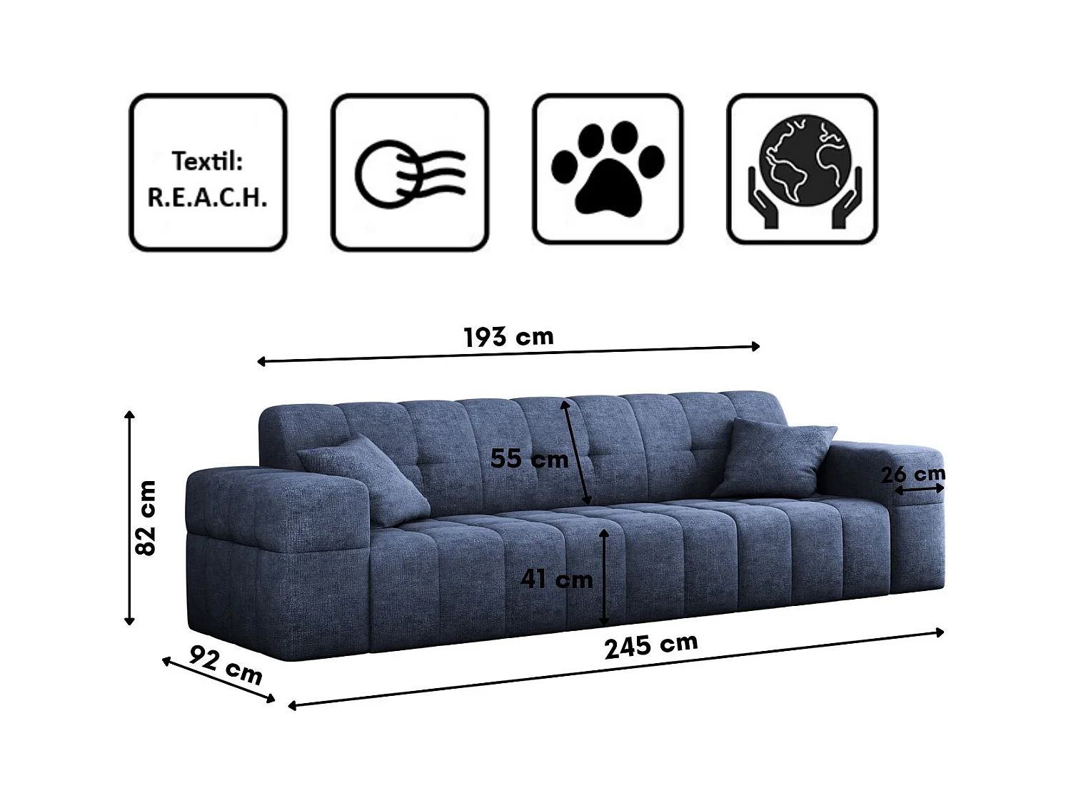 Canapé 3 places série NIMES tissu élégant Perfect Harmony Dark Blue