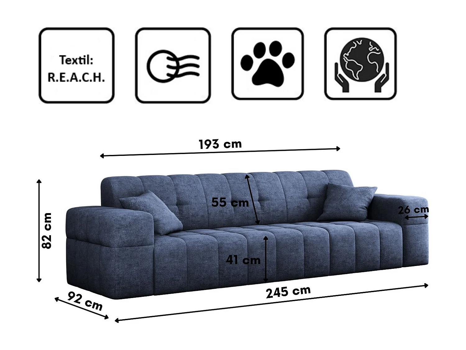 Canapé 3 places série NIMES tissu élégant Perfect Harmony Dark Blue
