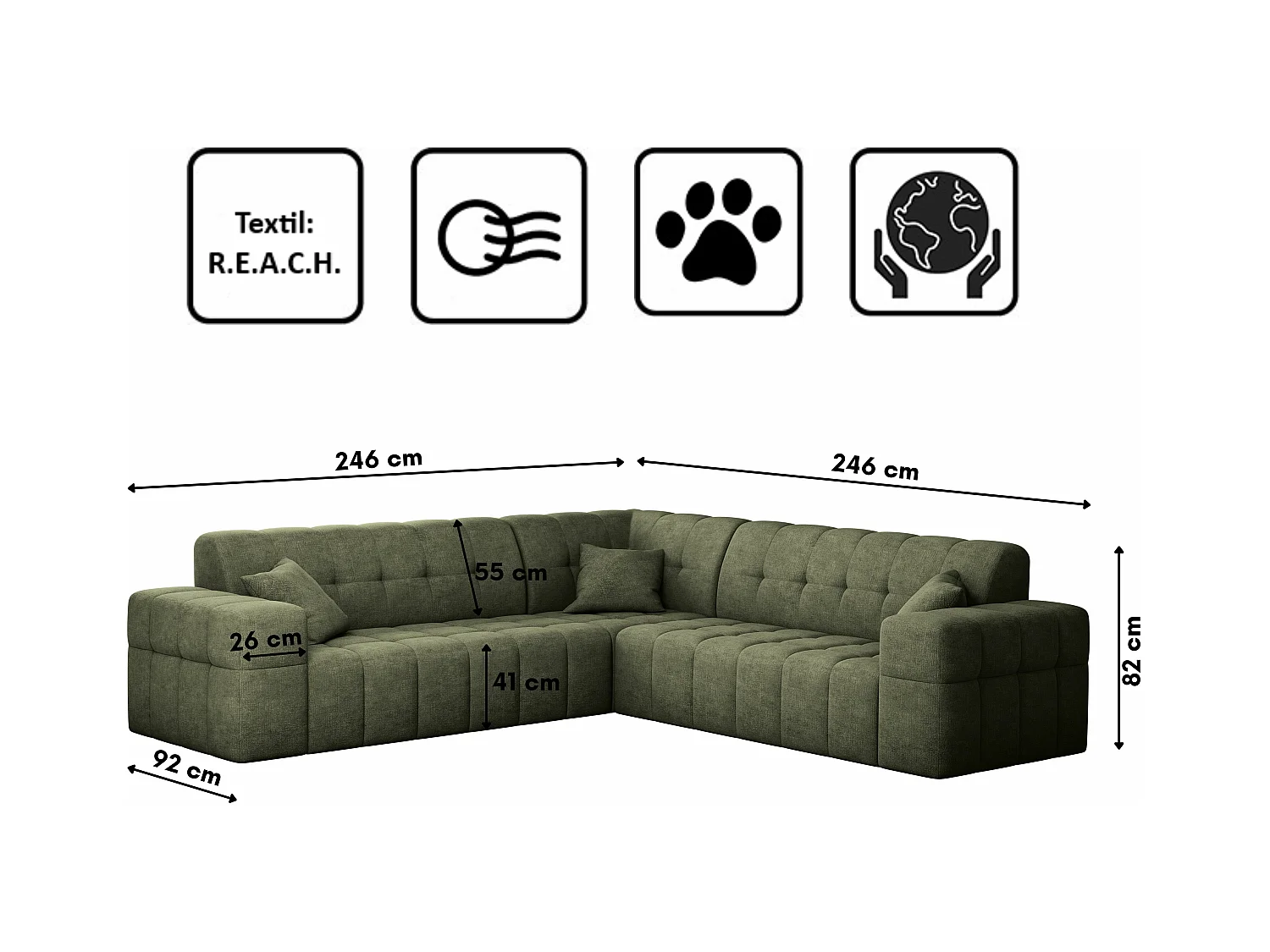 Canapé d'angle Corner Eckouch Salon NIMES tissu élégant Harmonie Parfaite Vert
