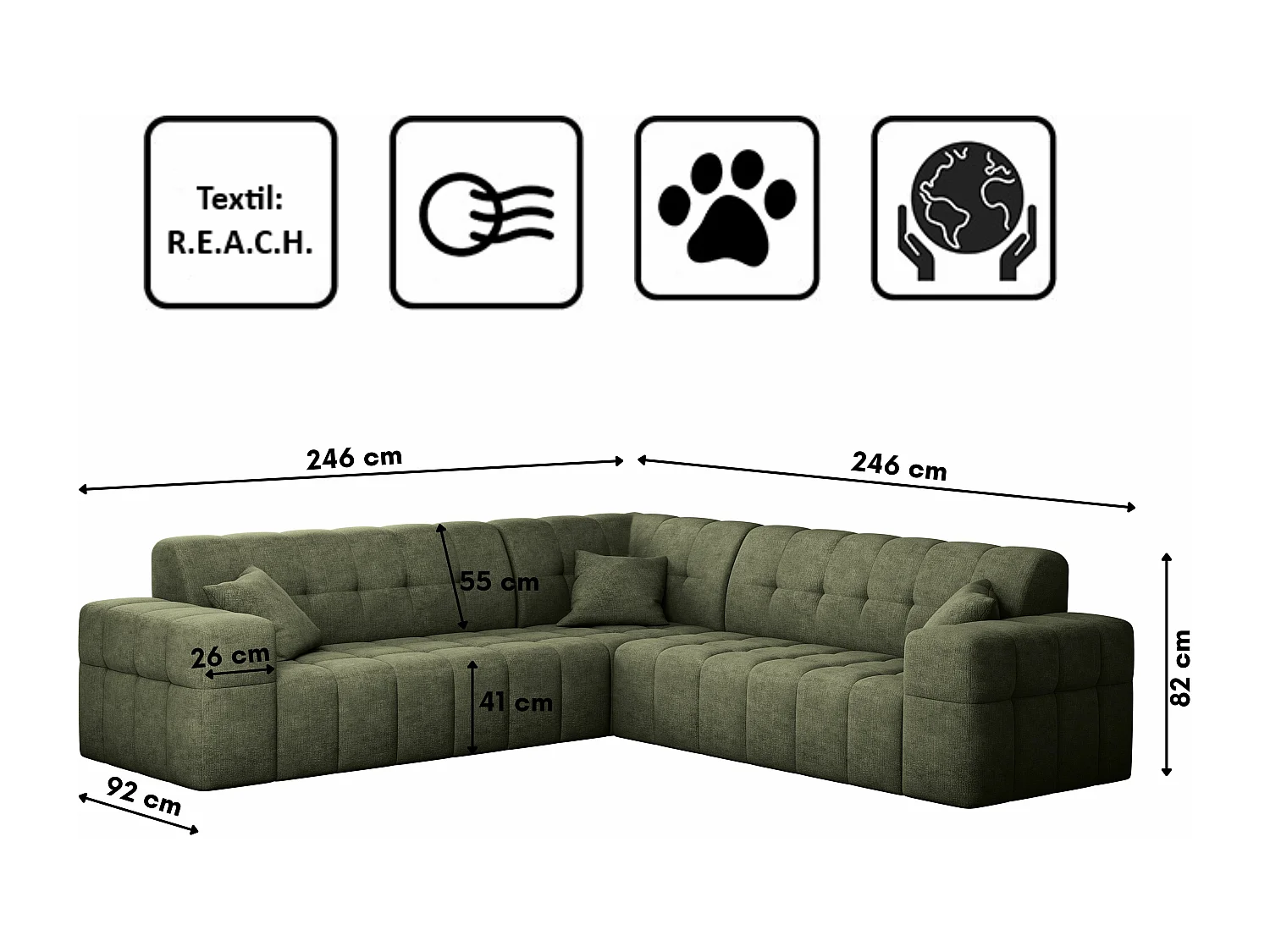 Canapé d'angle Corner Eckouch Salon NIMES tissu élégant Harmonie Parfaite Vert