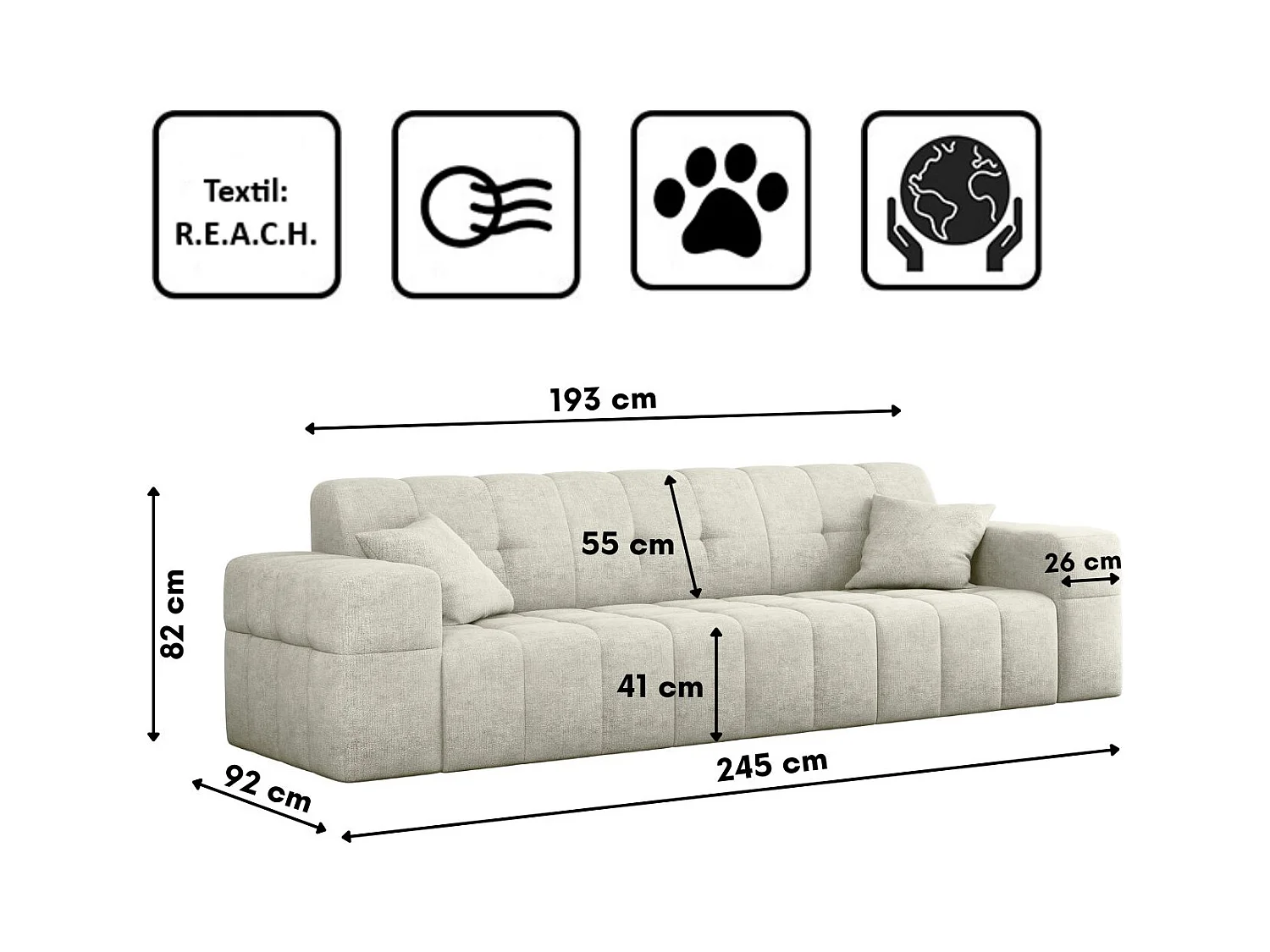 Canapé 3 places série Canapé NIMES tissu élégant Perfect Harmony Cream
