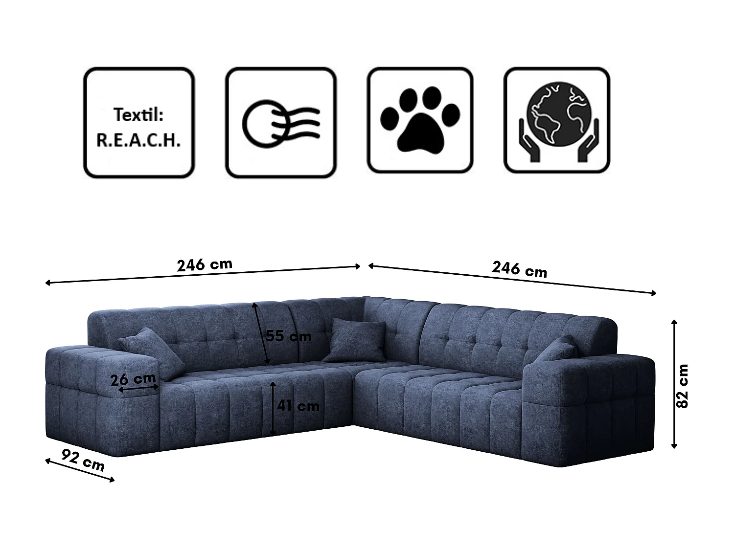 Canapé d'angle Corner Eckouch Salon NIMES tissu élégant Perfect Harmony Dark Blue