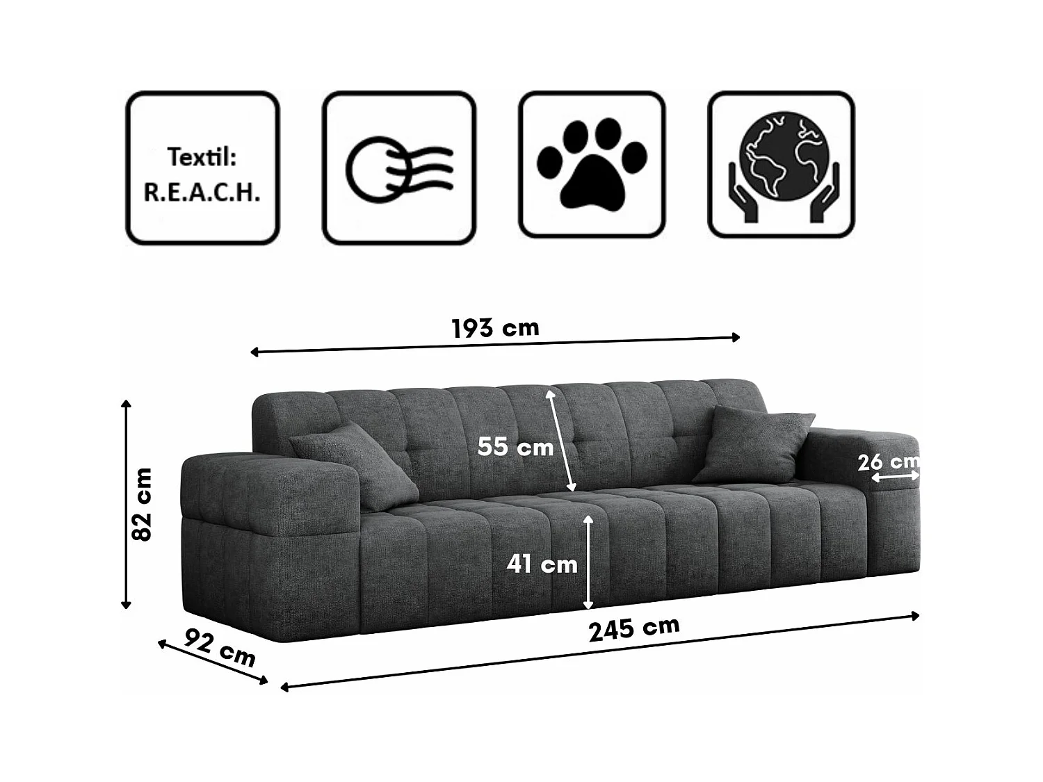 Canapé 3 places série NIMES tissu élégant Perfect Harmony Dark Grey