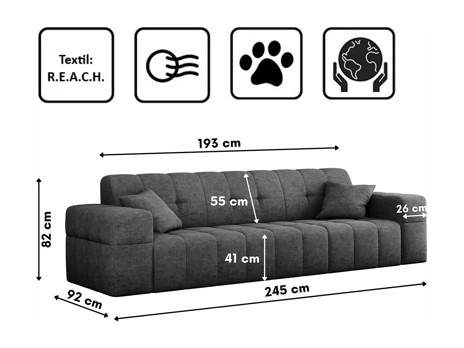Canapé 3 places série NIMES tissu élégant Perfect Harmony Dark Grey