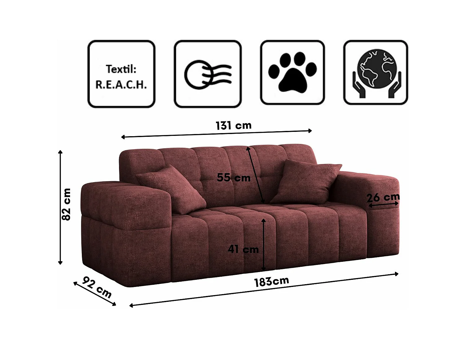 Sofa 2 sitzer Couch serie NIMES stilvol Stoff Perfect Harmony Rotwein