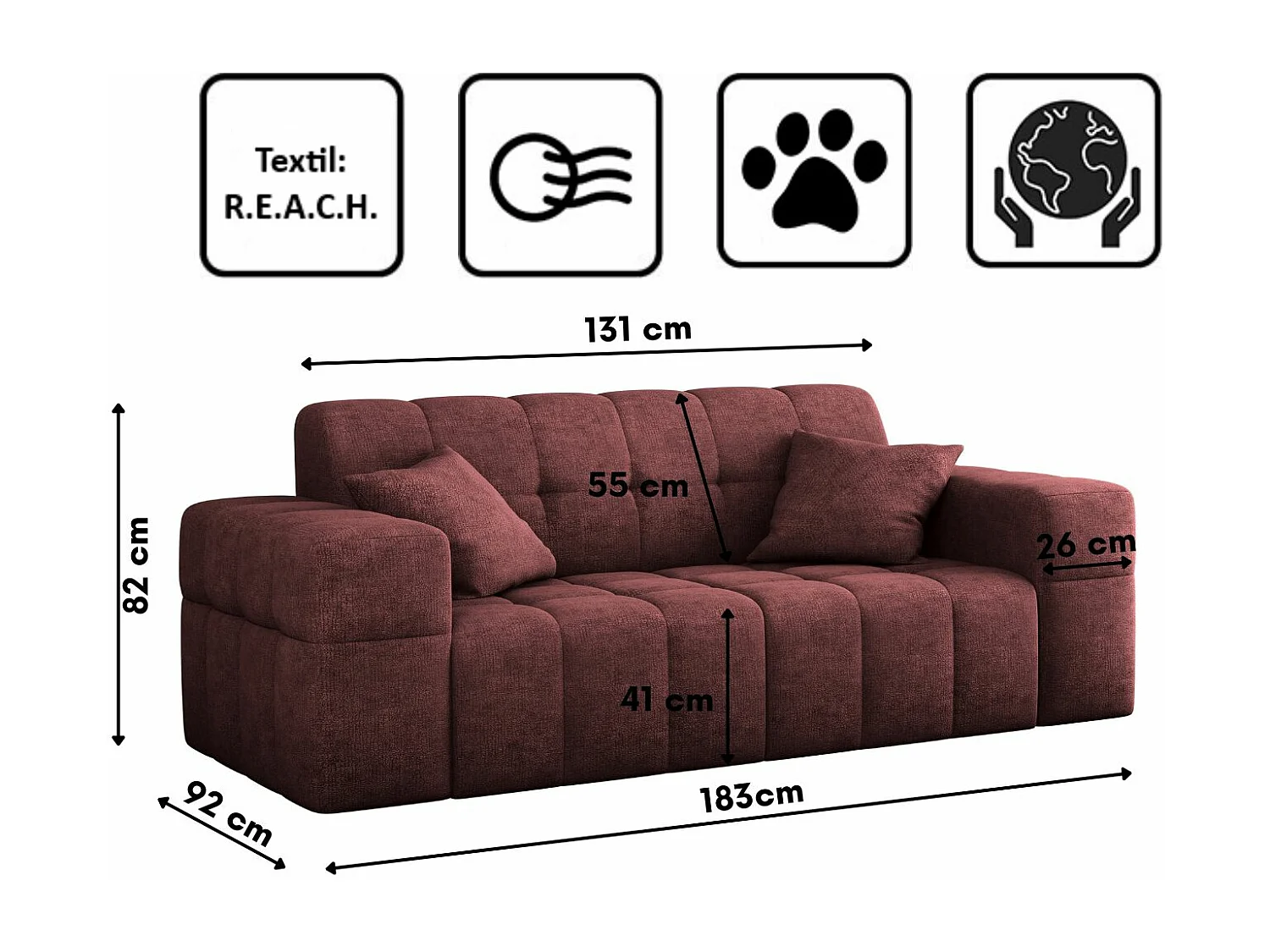 Sofa 2 sitzer Couch serie NIMES stilvol Stoff Perfect Harmony Rotwein