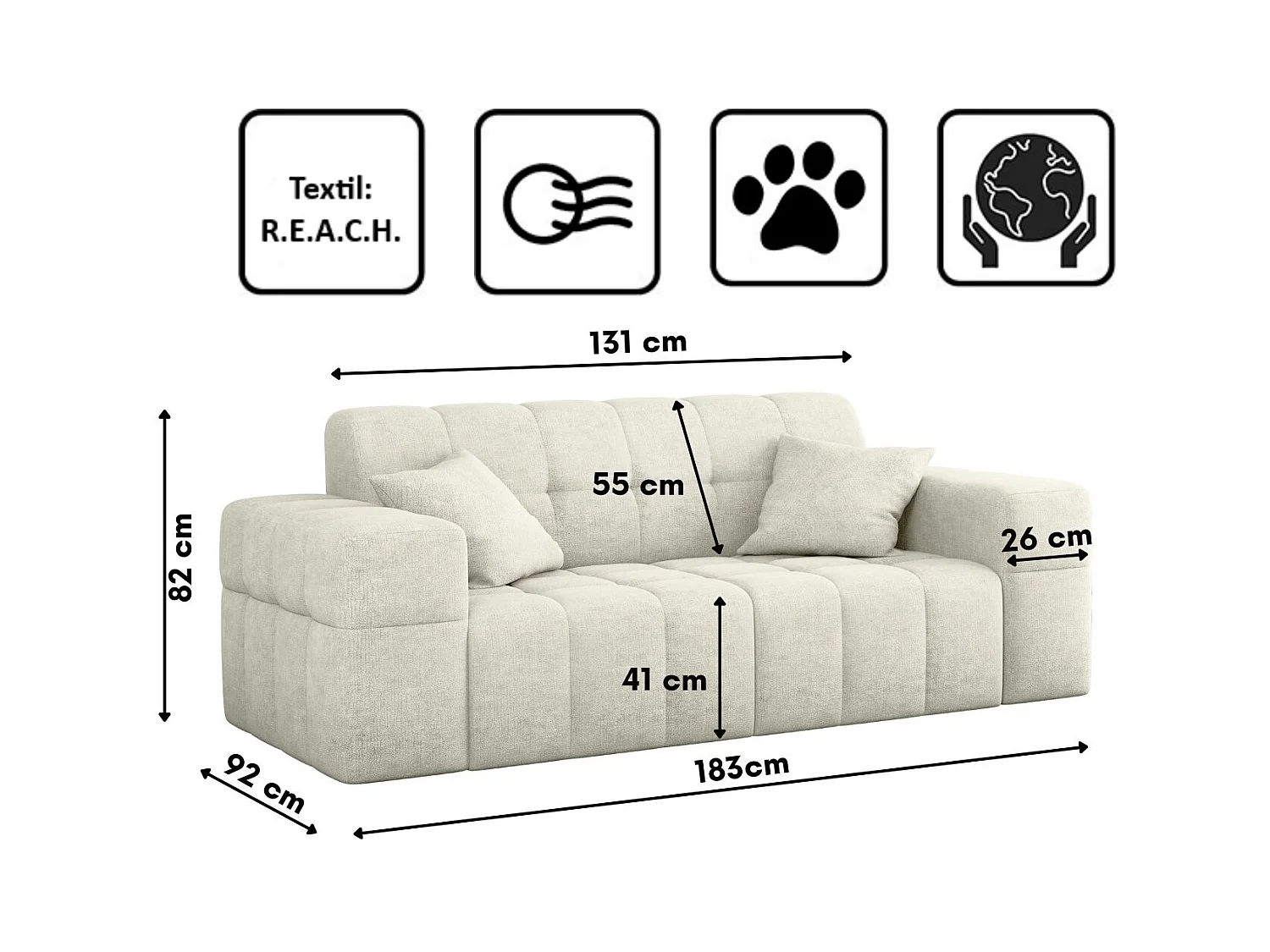 Sofa 2 sitzer Couch serie NIMES stilvol Stoff Perfect Harmony Creme