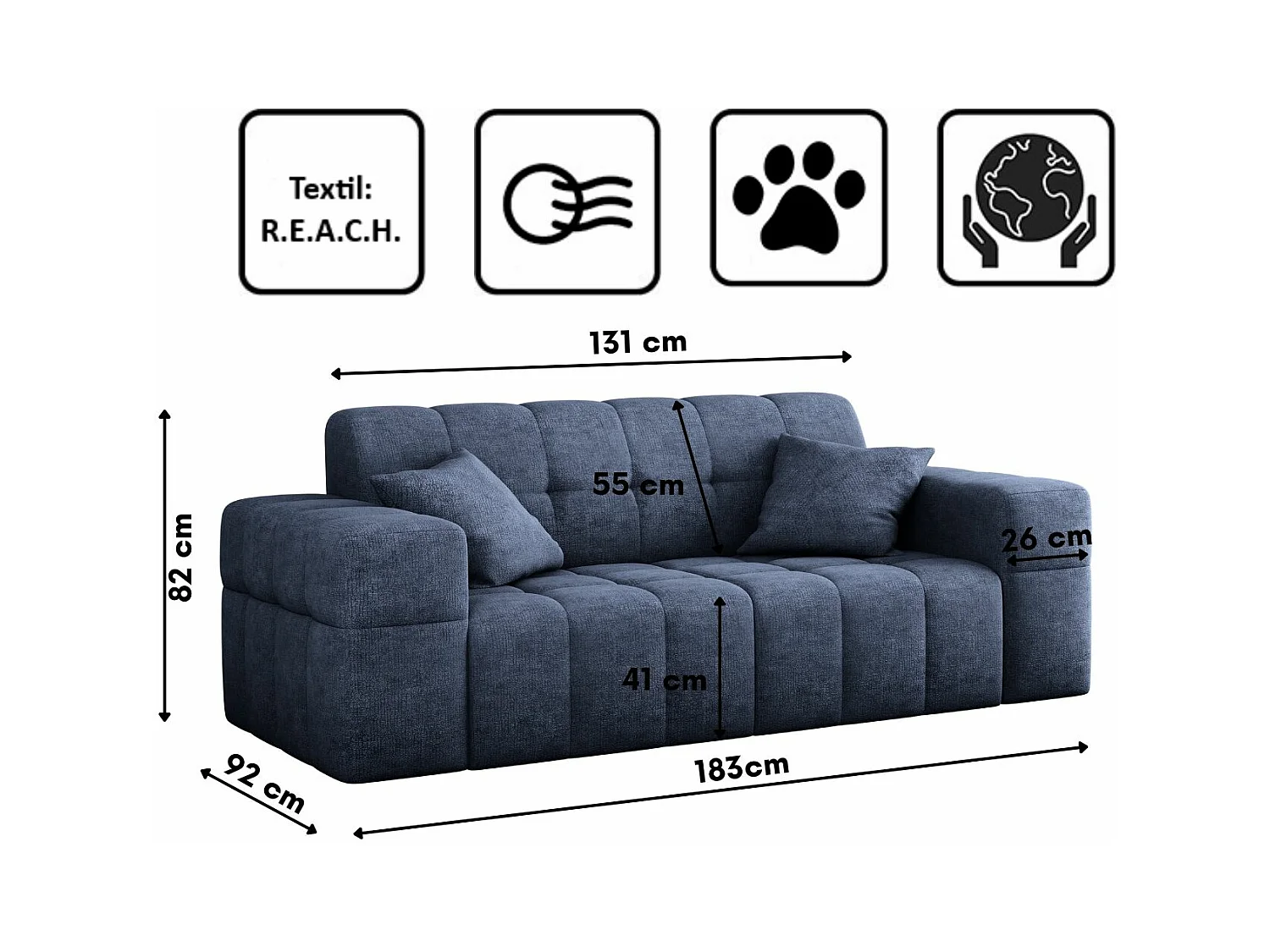Sofa 2 sitzer Couch serie NIMES stilvol Stoff Perfect Harmony Blau