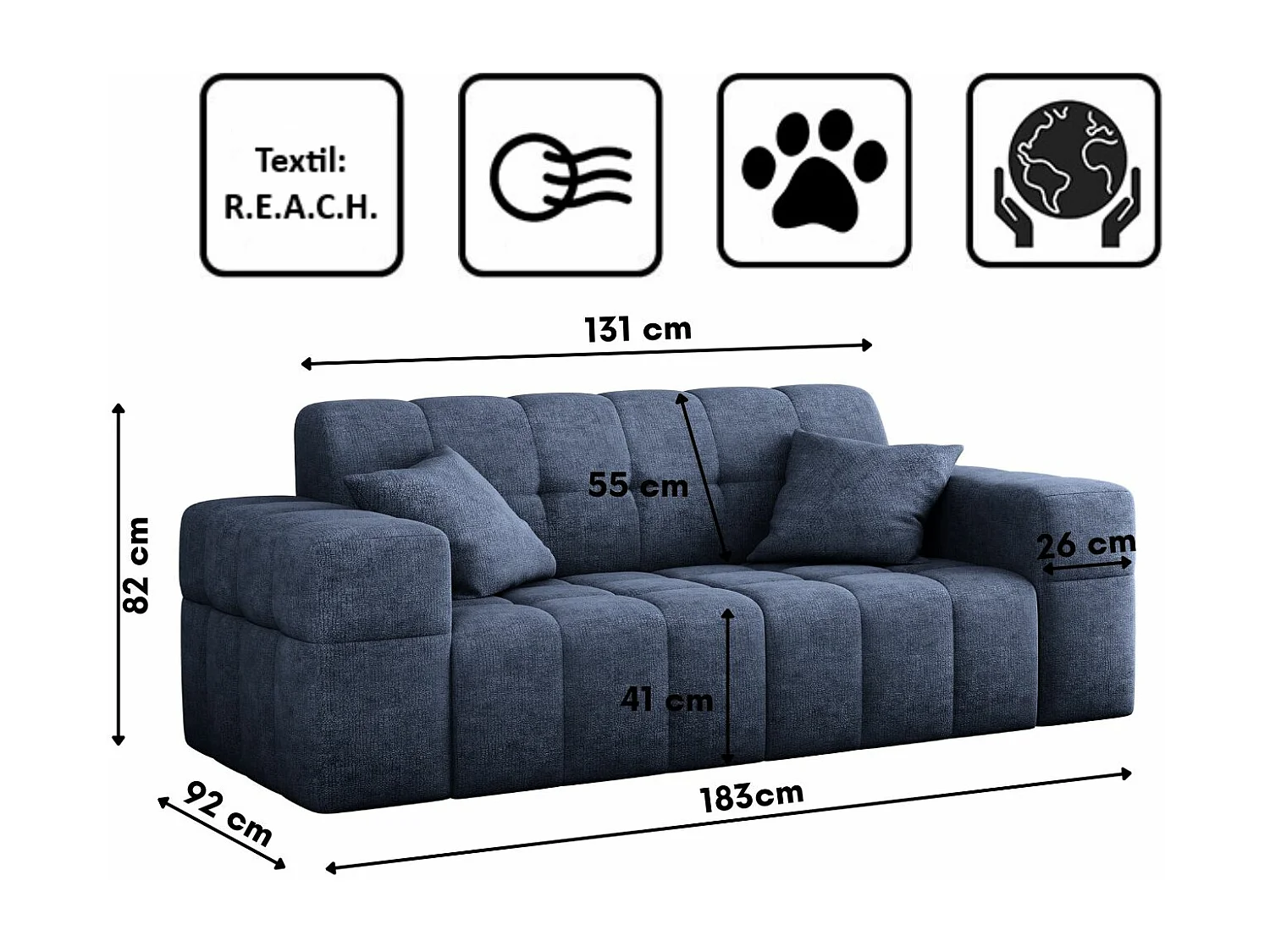 Sofa 2 sitzer Couch serie NIMES stilvol Stoff Perfect Harmony Blau