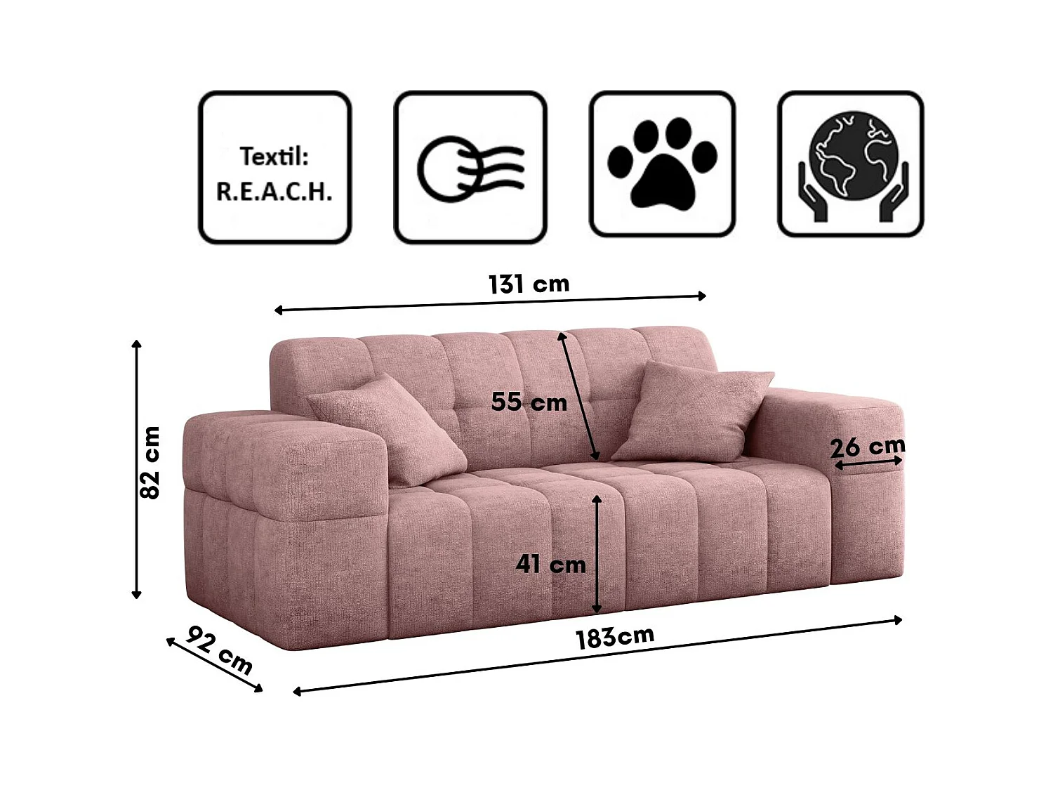 Sofa 2 sitzer Couch serie NIMES stilvol Stoff Perfect Harmony Rosa