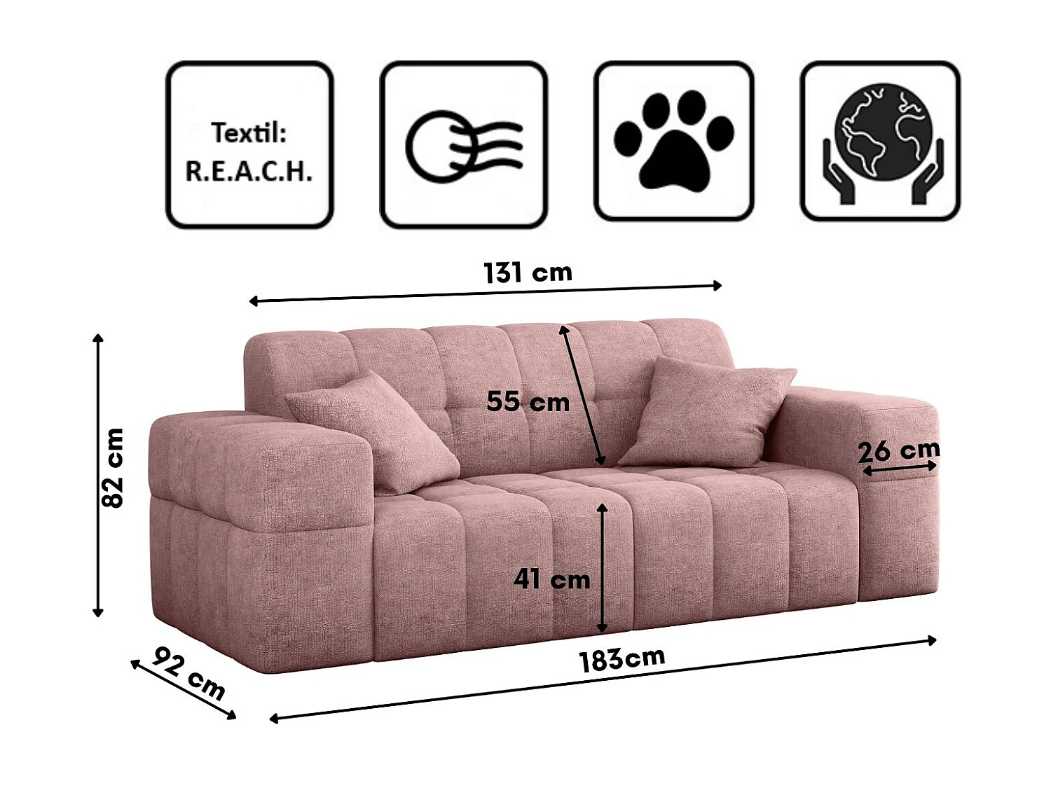 Sofa 2 sitzer Couch serie NIMES stilvol Stoff Perfect Harmony Rosa