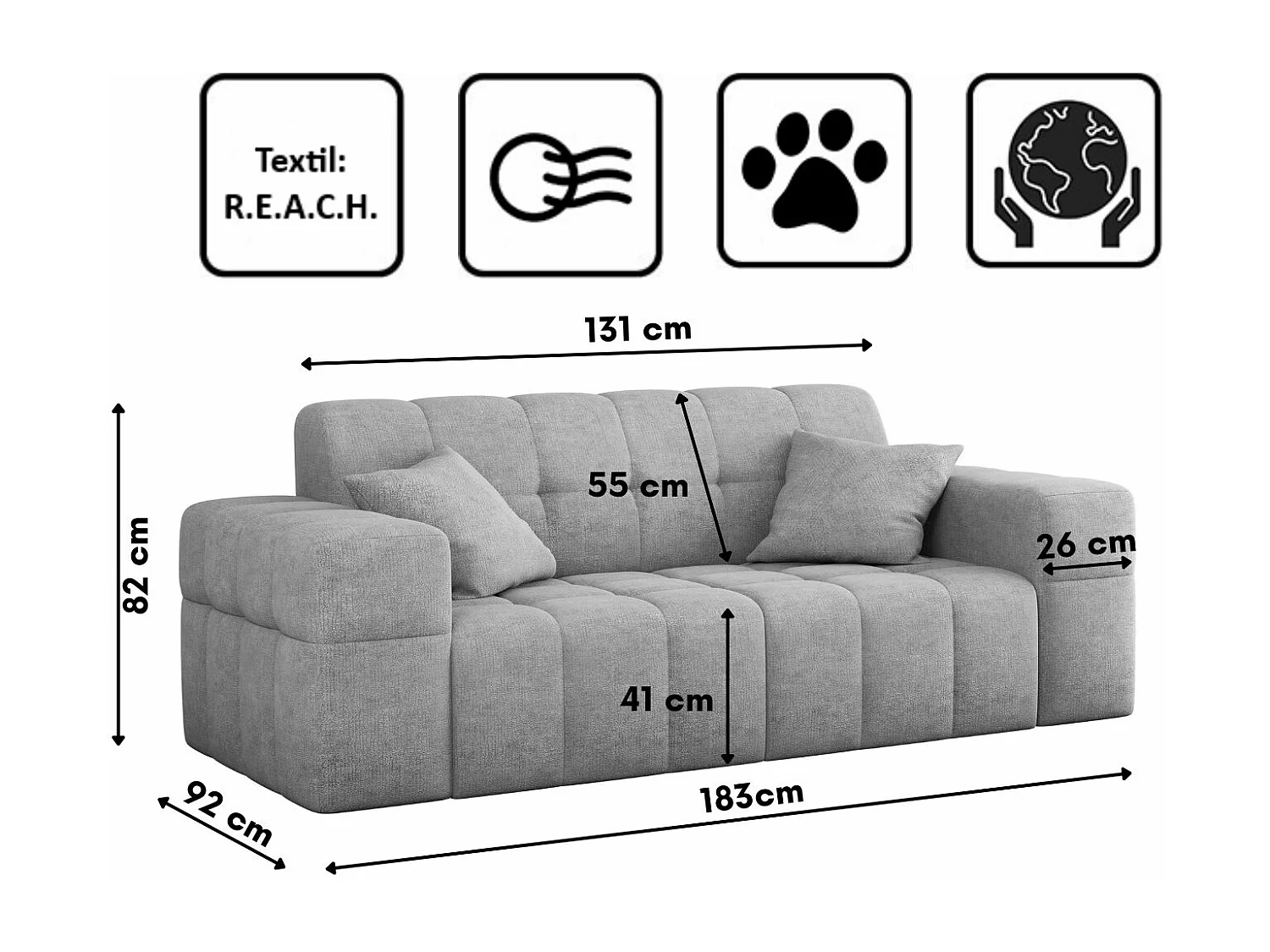 Canapé 2 places série NIMES tissu élégant Perfect Harmony Grey