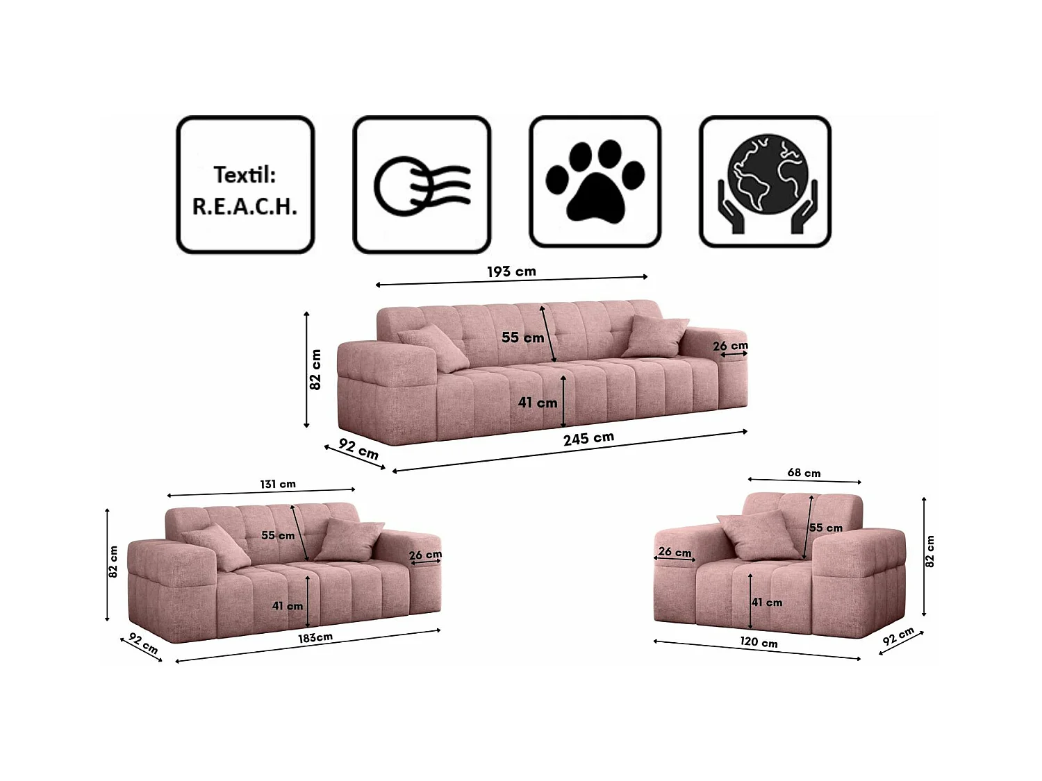 Ensemble de canapés 3+2+1 série NIMES tissu élégant Perfect Harmony rose