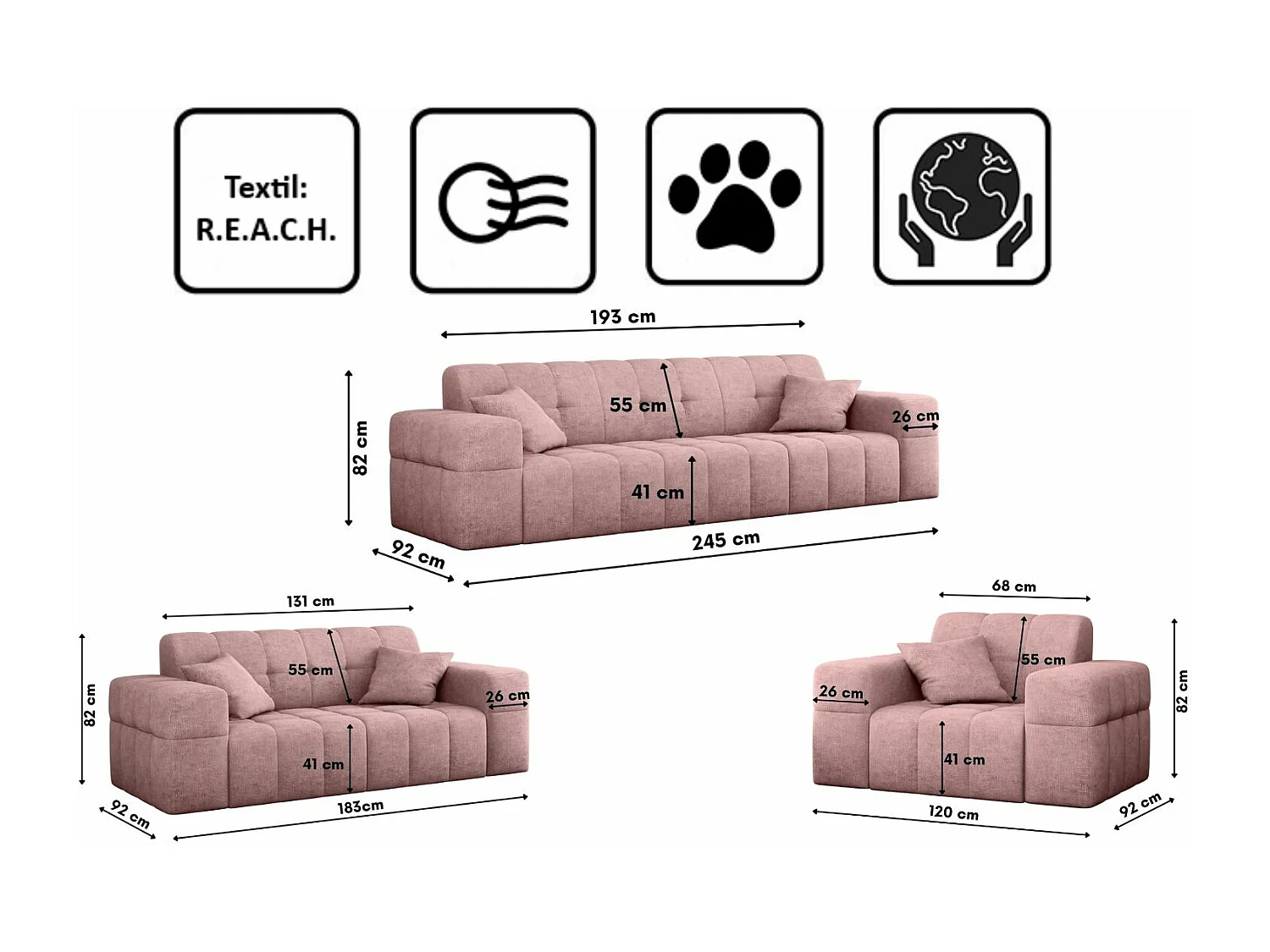 Ensemble de canapés 3+2+1 série NIMES tissu élégant Perfect Harmony rose