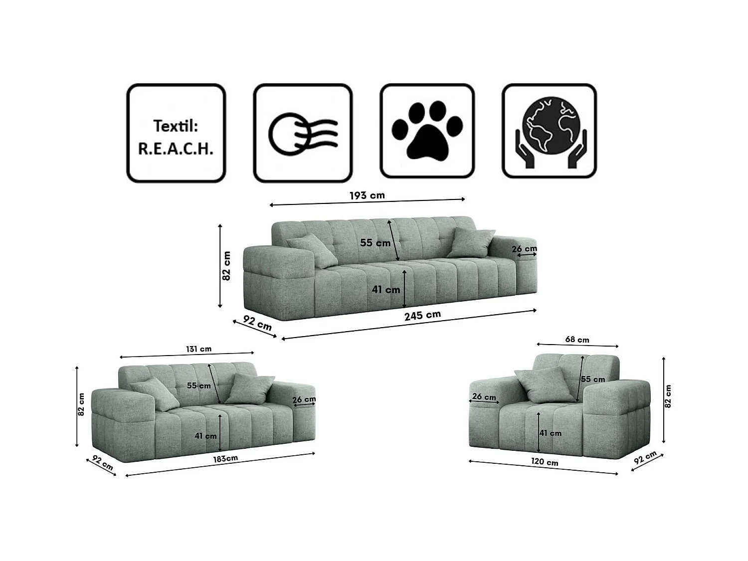 Ensemble de canapés 3+2+1 série NIMES tissu élégant Perfect Harmony Mintz