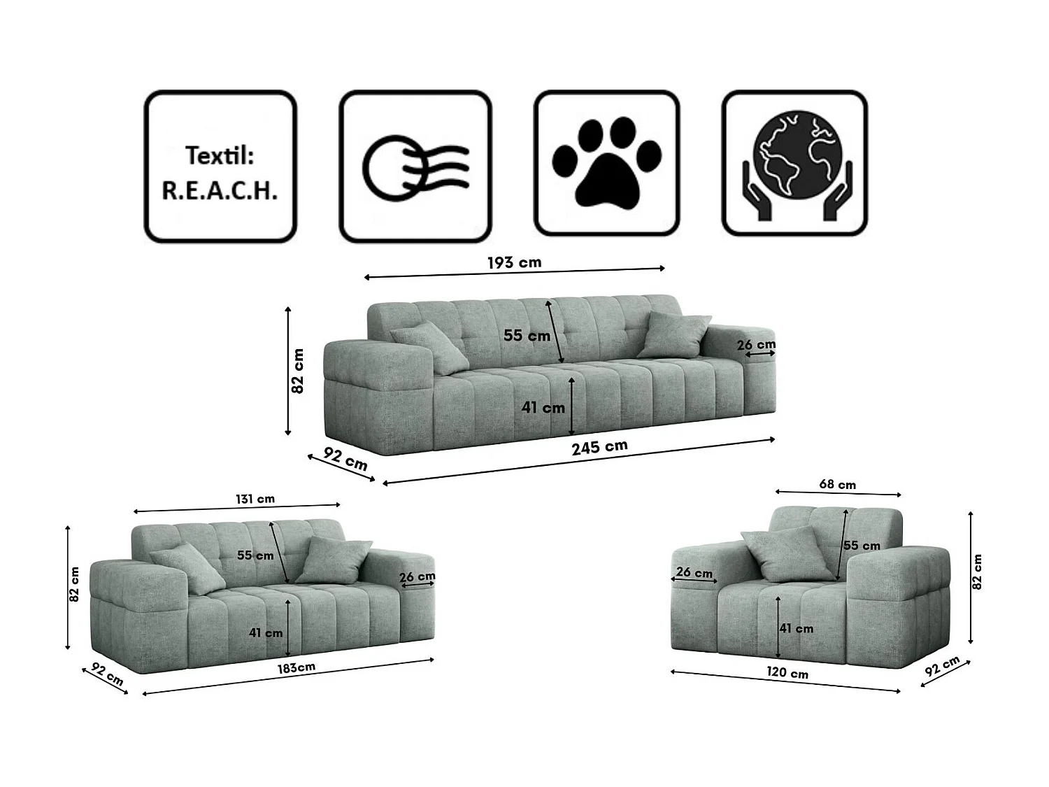 Ensemble de canapés 3+2+1 série NIMES tissu élégant Perfect Harmony Mintz