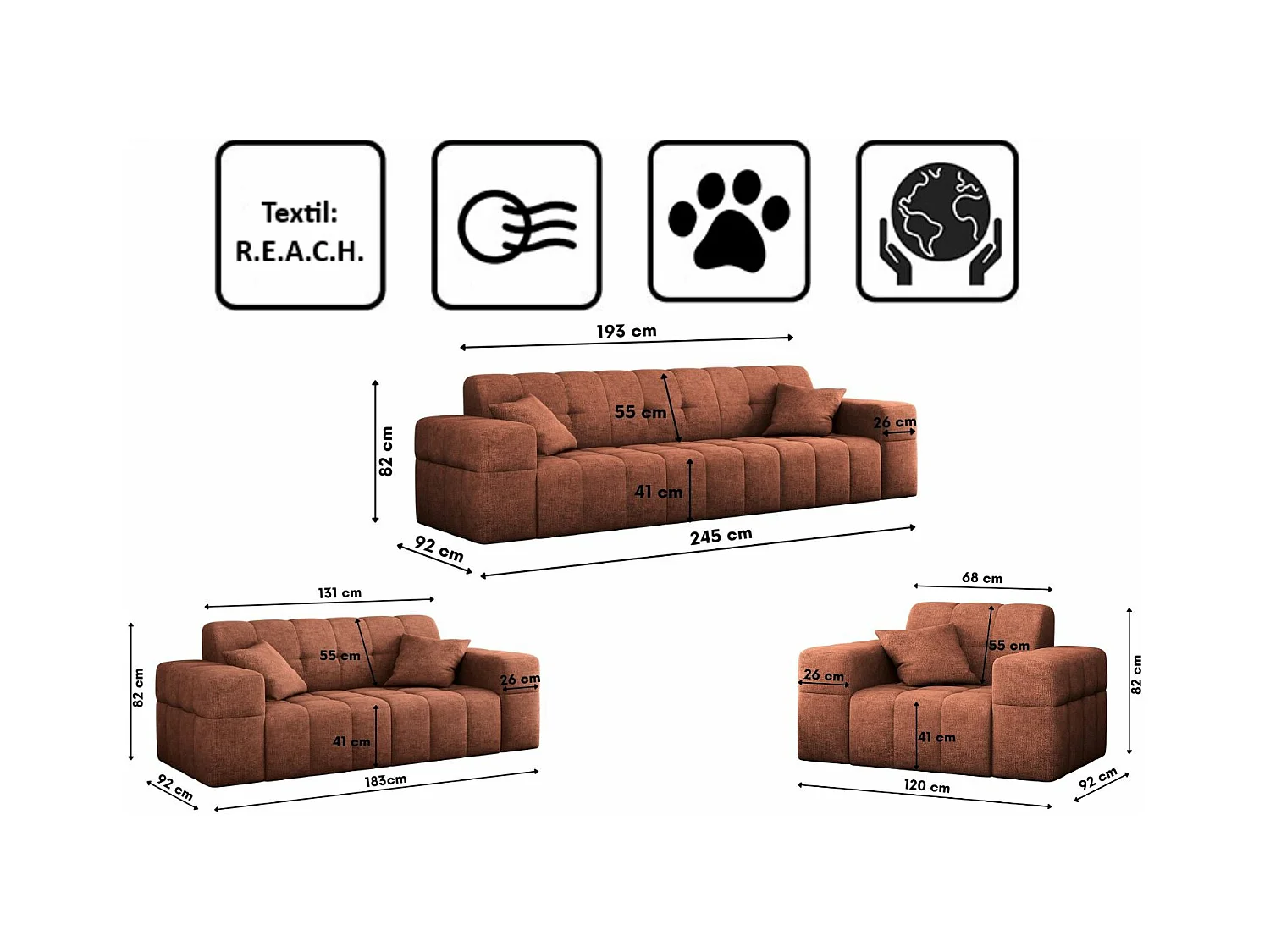 Ensemble de canapés 3+2+1 série NIMES tissu élégant Perfect Harmony Copper