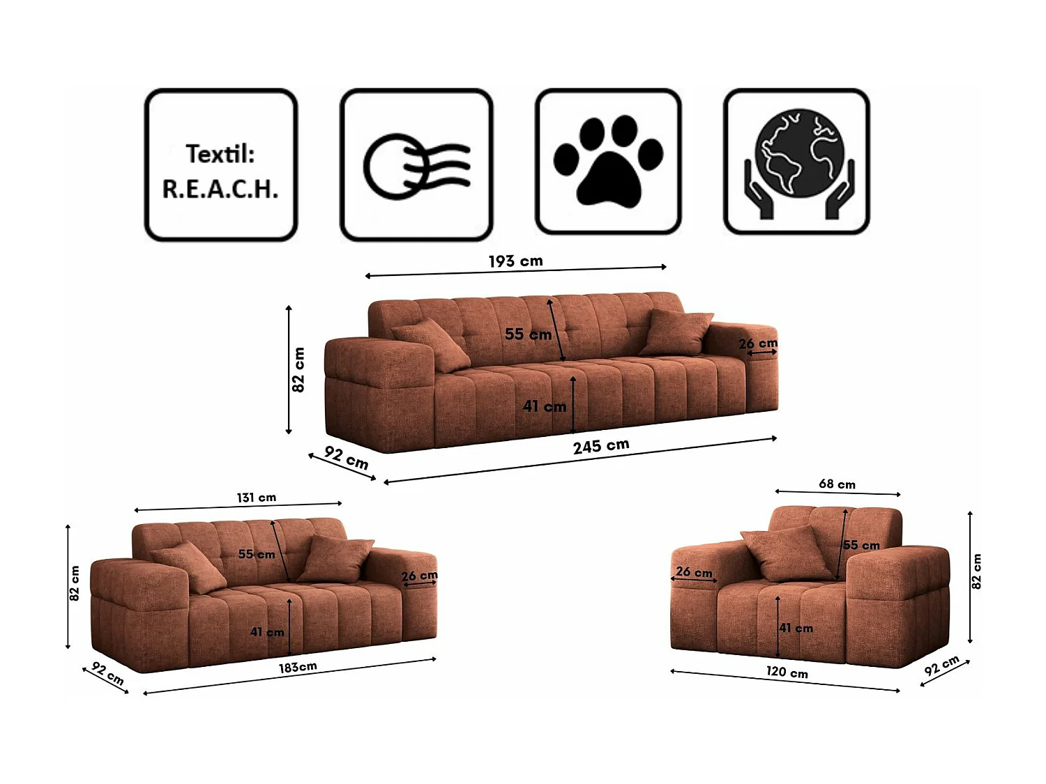 Ensemble de canapés 3+2+1 série NIMES tissu élégant Perfect Harmony Copper