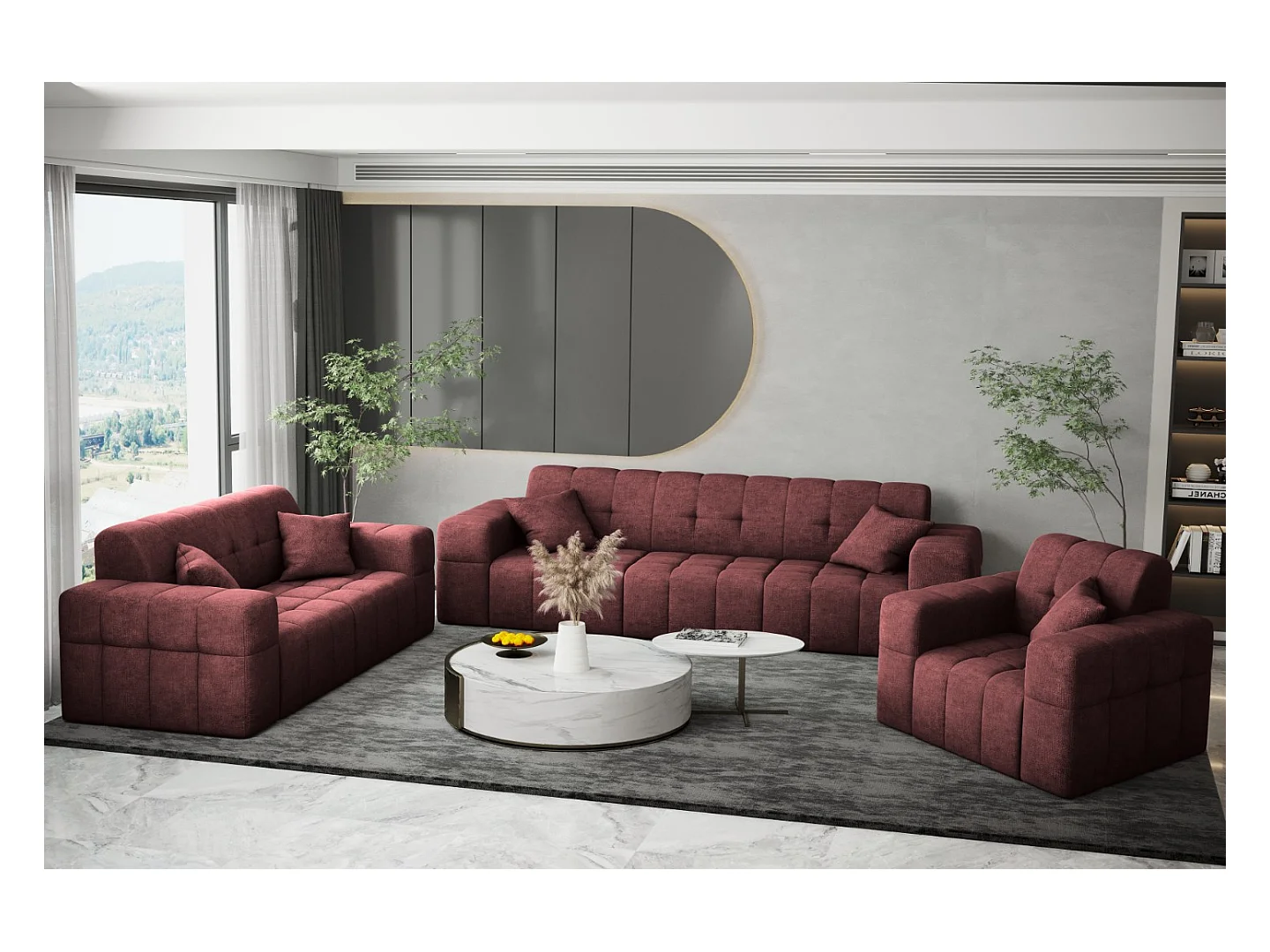 Ensemble de canapés 3+2+1 série NIMES tissu élégant Perfect Harmony vin rouge