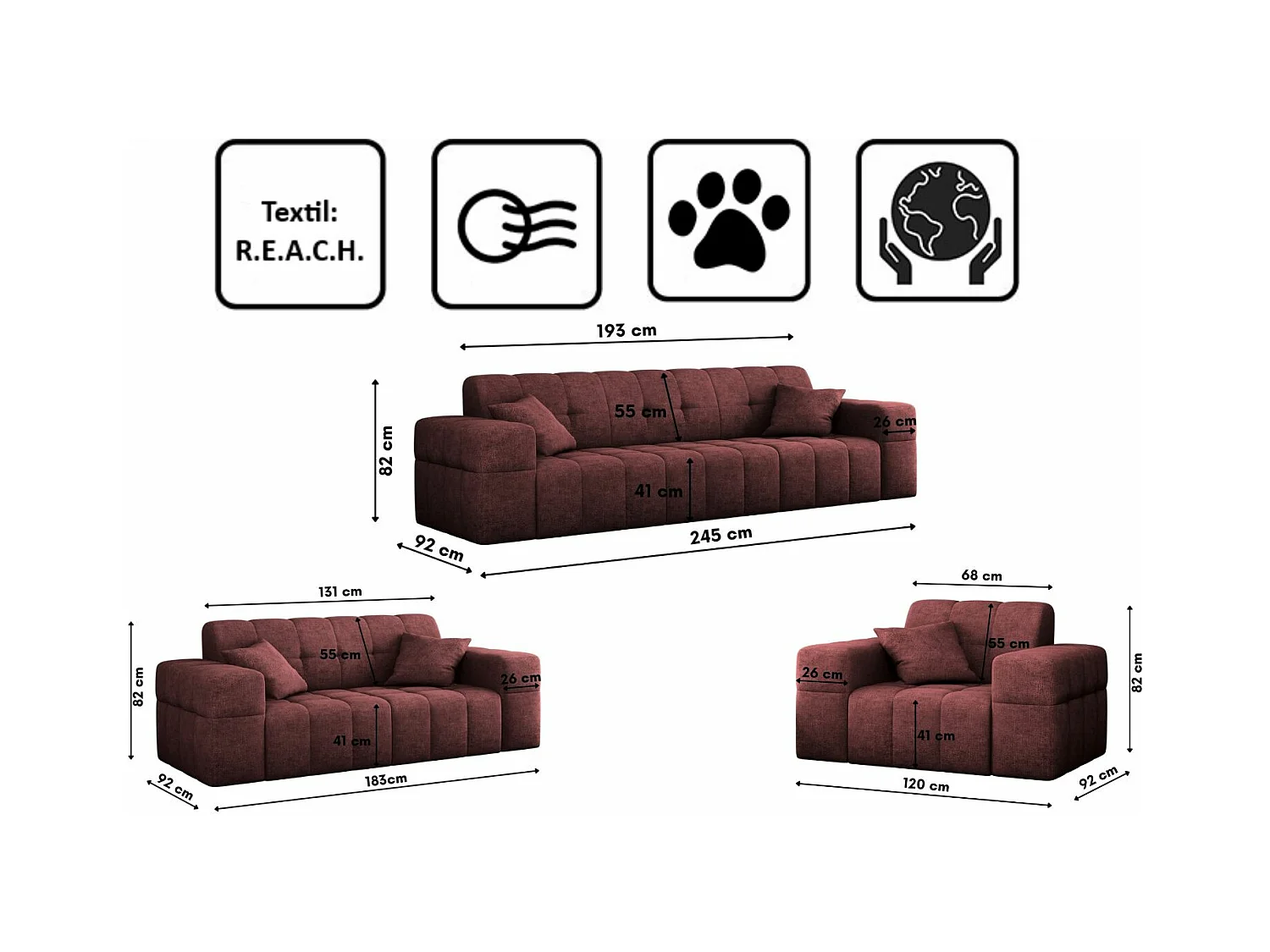 Ensemble de canapés 3+2+1 série NIMES tissu élégant Perfect Harmony vin rouge
