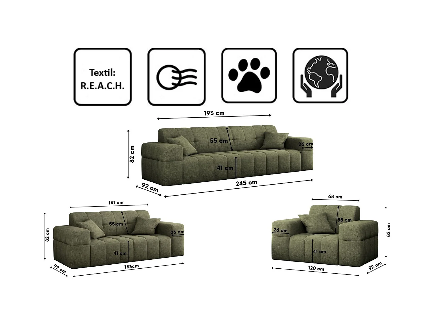 Ensemble de canapés 3+2+1 série NIMES tissu élégant Perfect Harmony Green