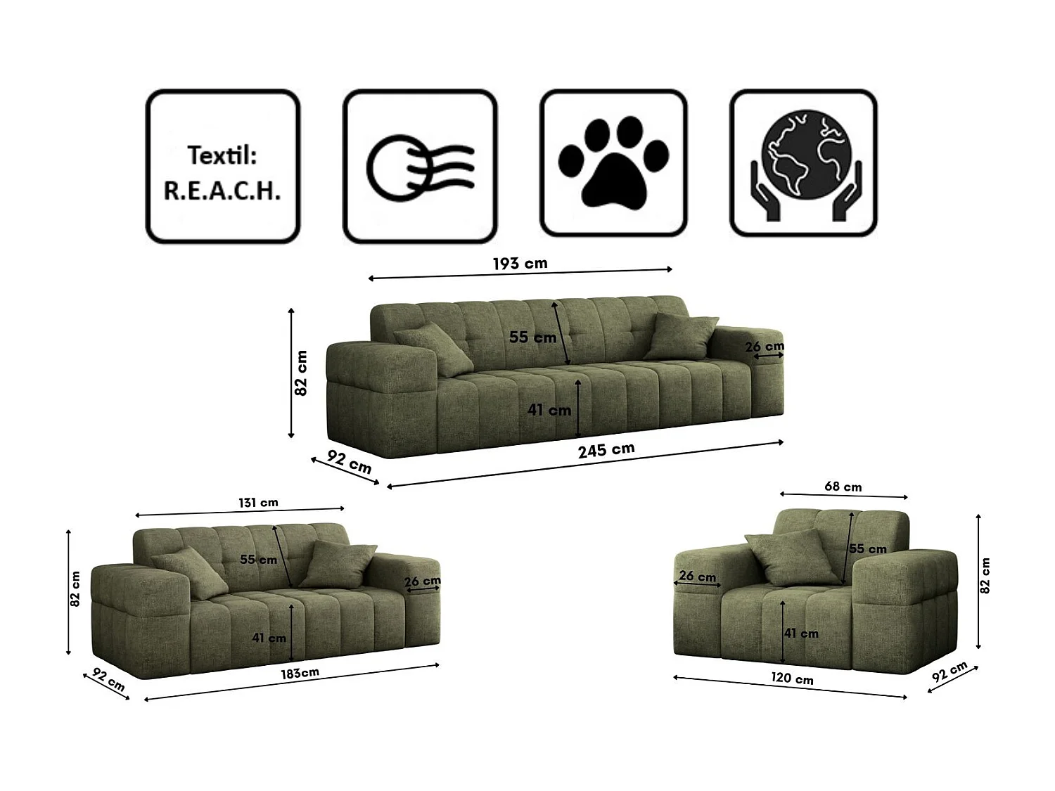 Ensemble de canapés 3+2+1 série NIMES tissu élégant Perfect Harmony Green