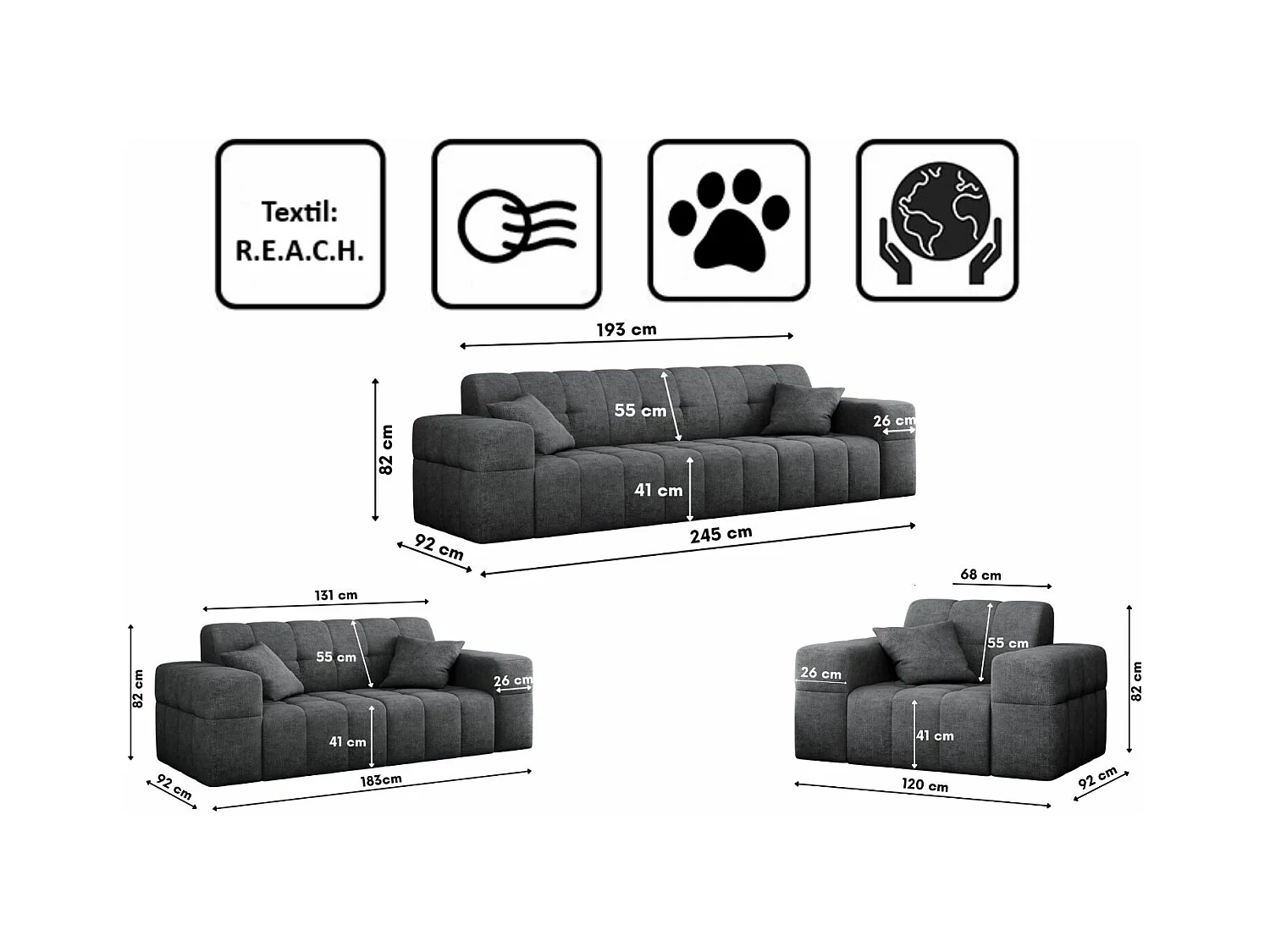 Ensemble de canapés 3+2+1 série NIMES tissu élégant Perfect Harmony gris foncé