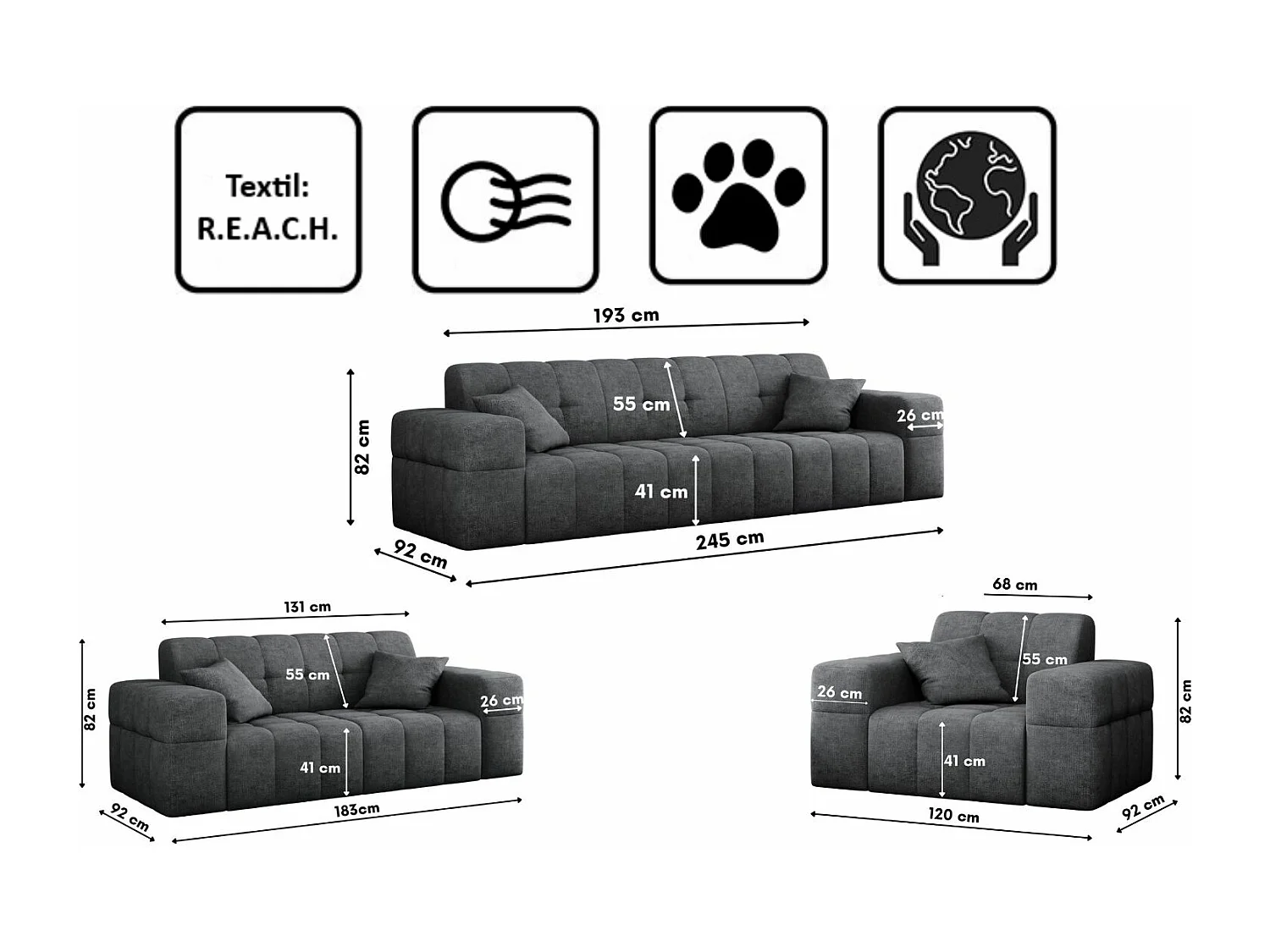 Ensemble de canapés 3+2+1 série NIMES tissu élégant Perfect Harmony gris foncé
