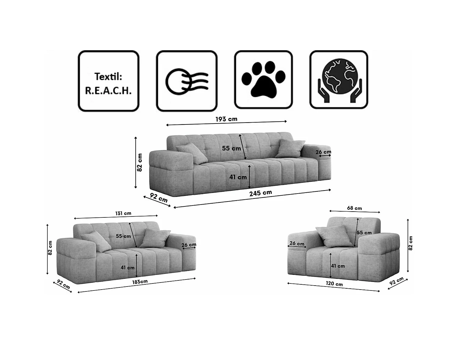 Ensemble de canapés 3+2+1 série NIMES tissu élégant Perfect Harmony Grey