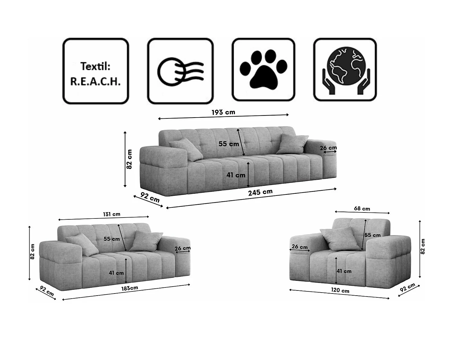 Ensemble de canapés 3+2+1 série NIMES tissu élégant Perfect Harmony Grey