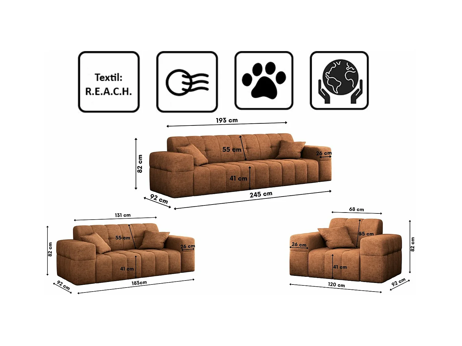Ensemble de canapés 3+2+1 série NIMES tissu élégant Perfect Harmony Orange
