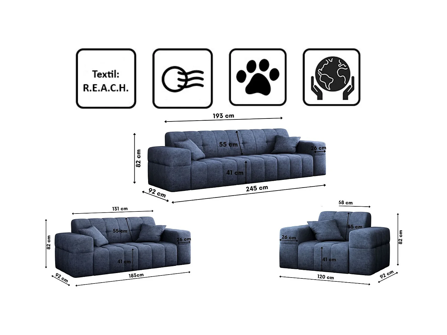 Ensemble de canapés 3+2+1 série NIMES tissu élégant Perfect Harmony Dark Blue